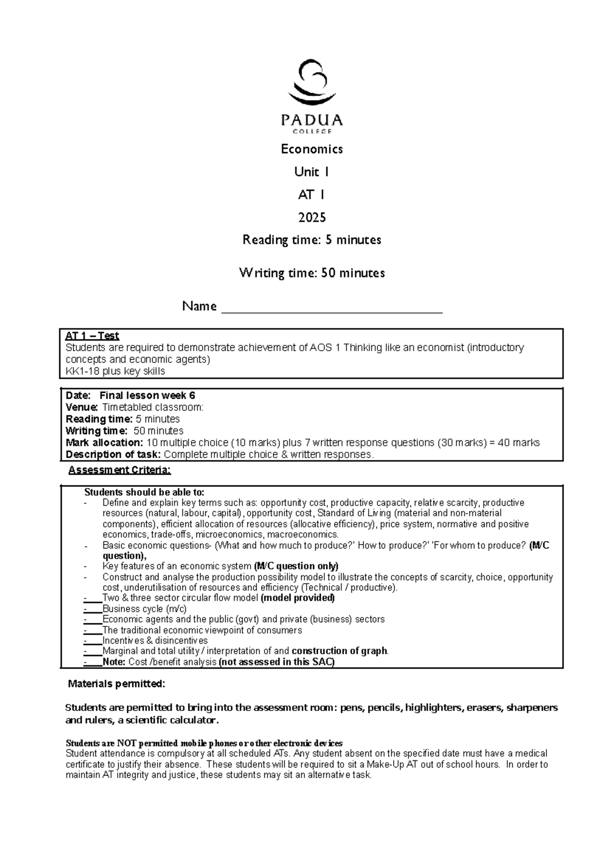 AT 1 Unit 1 Economics 2025: Understanding Economic Concepts and Models ...