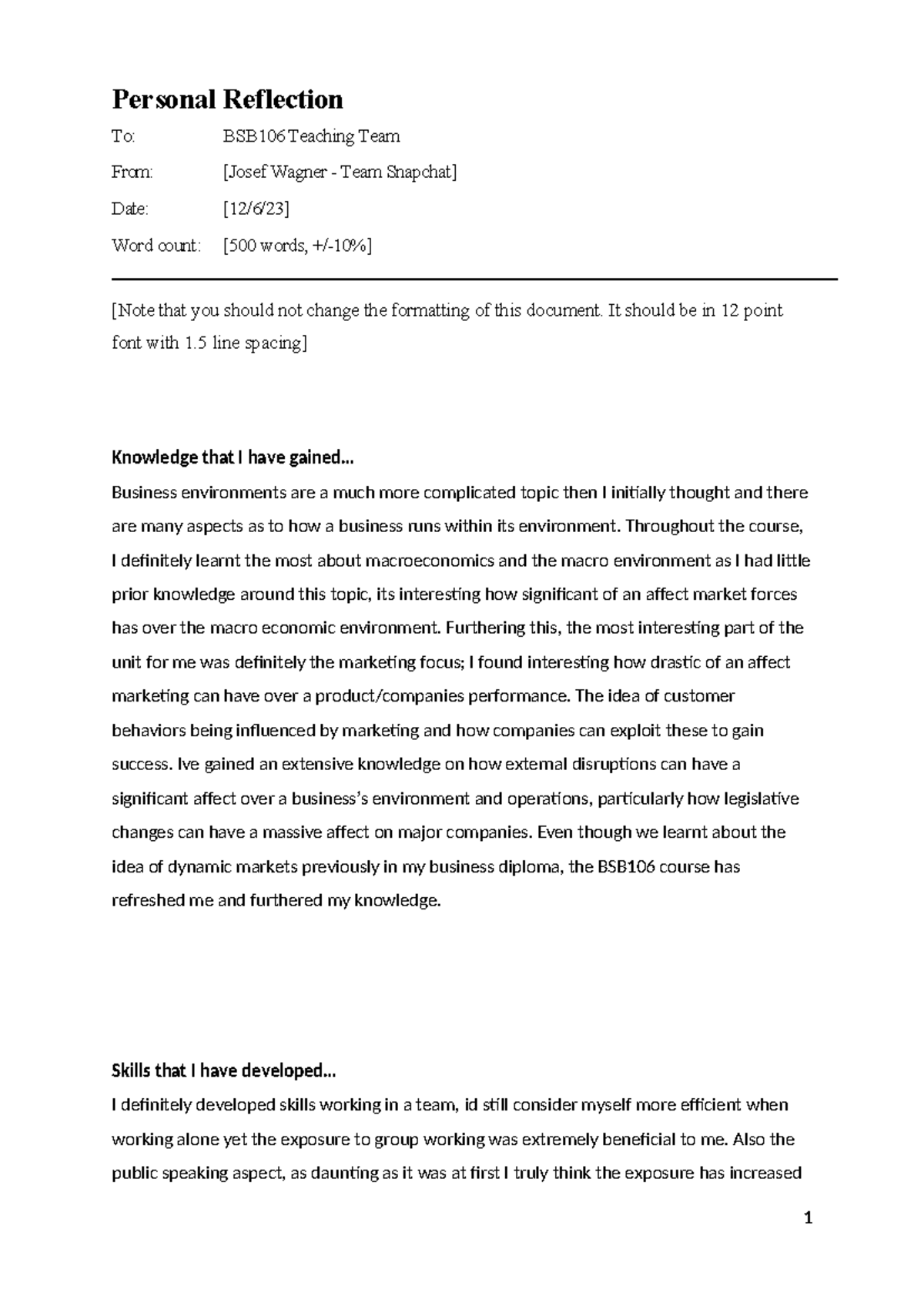 Personal Reflection on BSB106: Insights and Skills Gained - Studocu