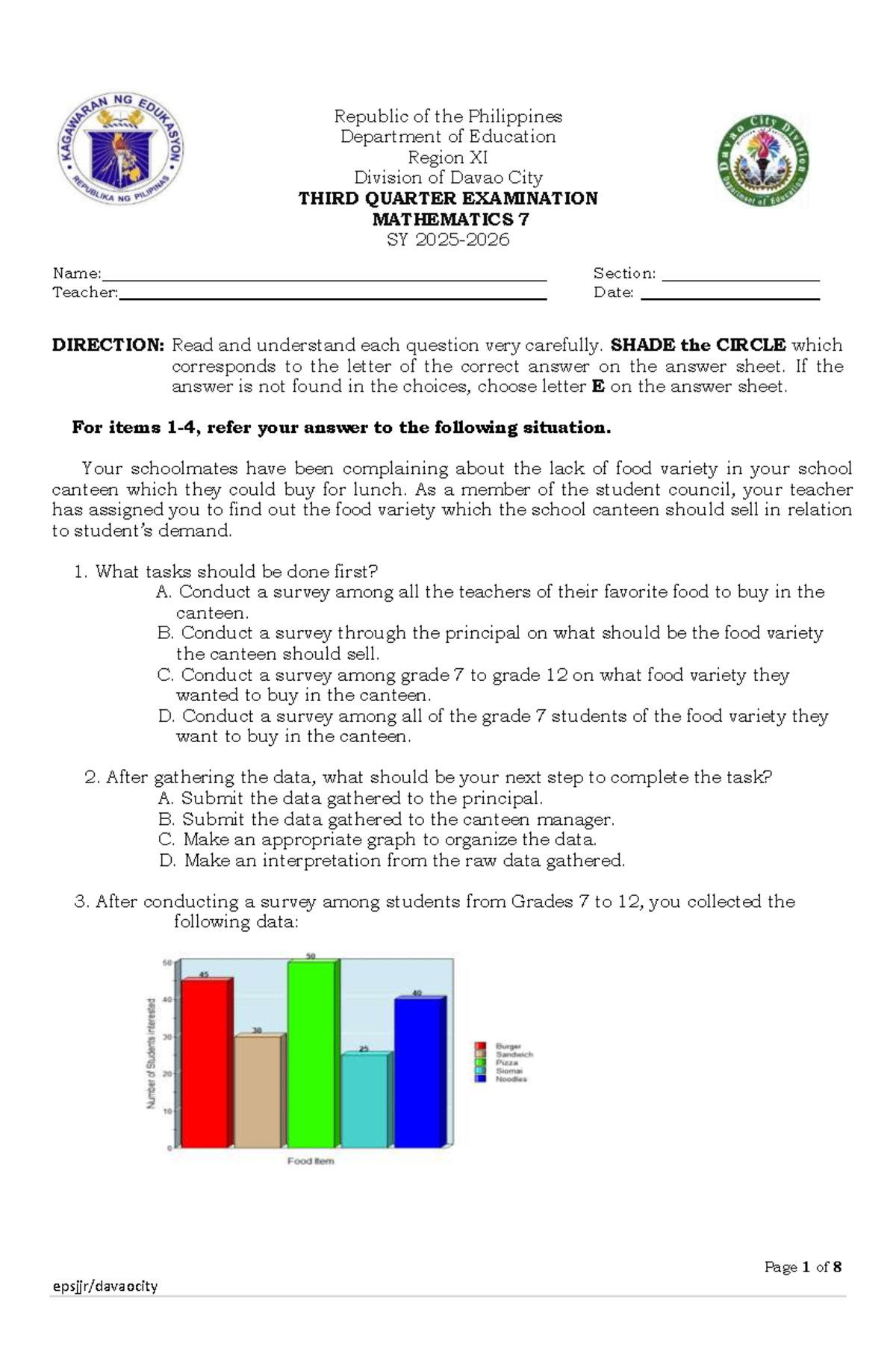 Q3 Test Questionnaire: Mathematics 7 Exam Review - Studocu