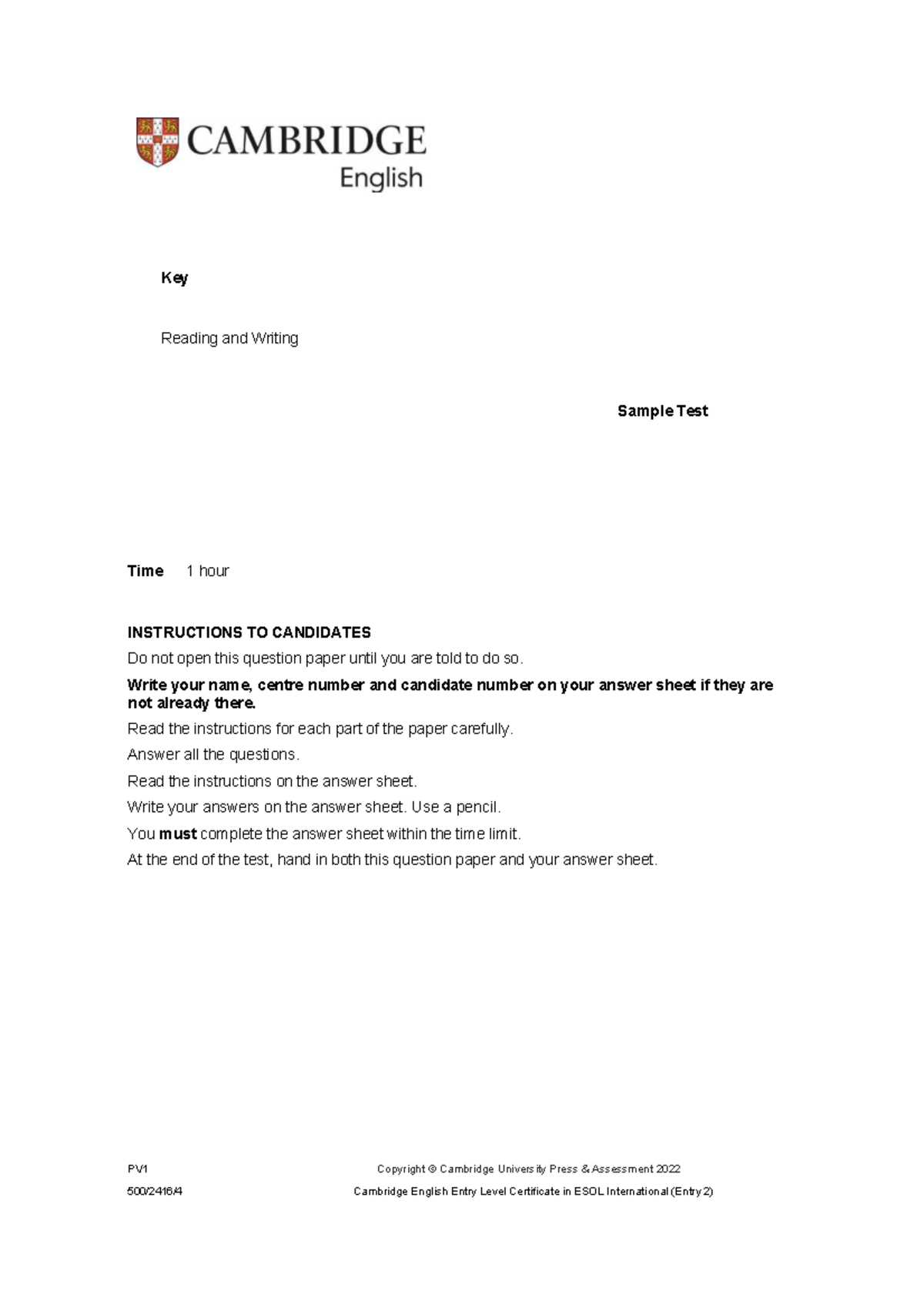 A2 Reading Sample Test Questions and Instructions for Candidates - Studocu