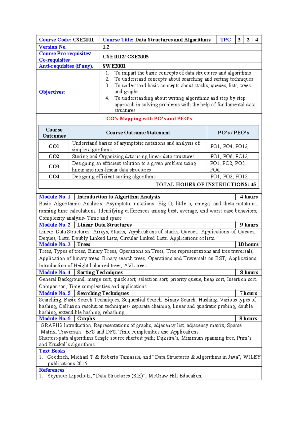 CSE2001 Data Structures and Algorithms Course Overview and Lab ...
