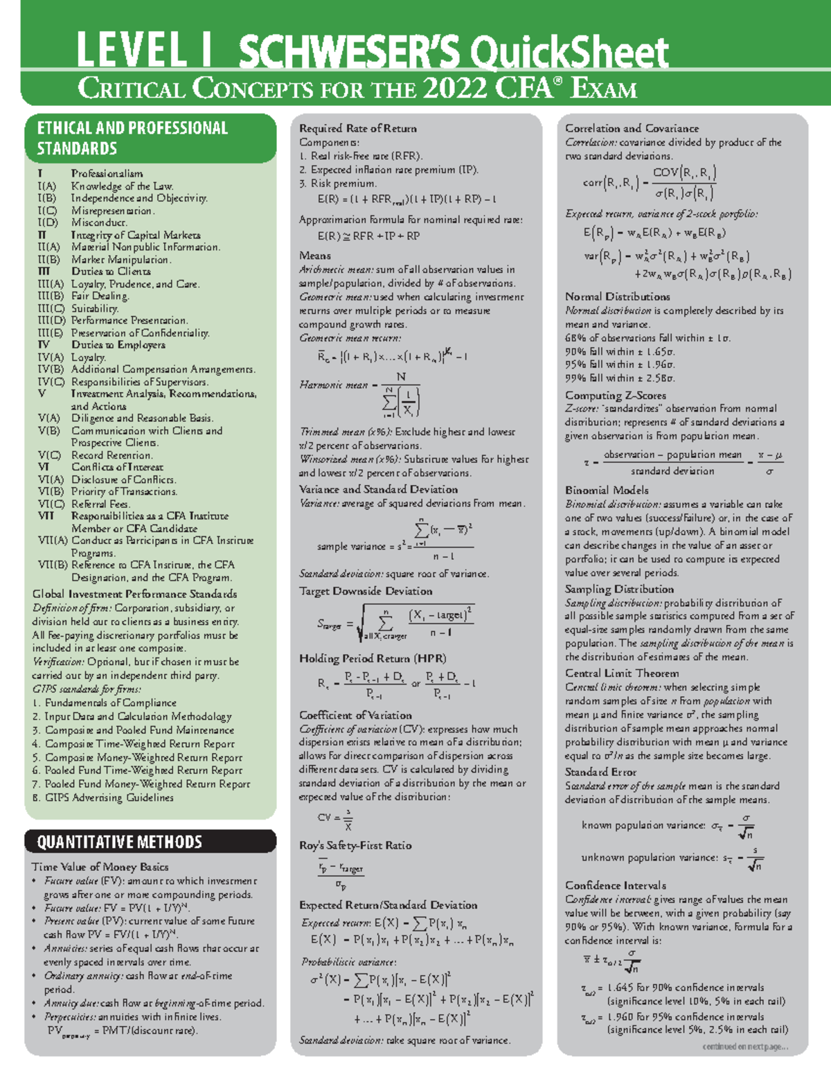 CFA Level 1 QuickSheet: Key Concepts for Exam Preparation - Studocu