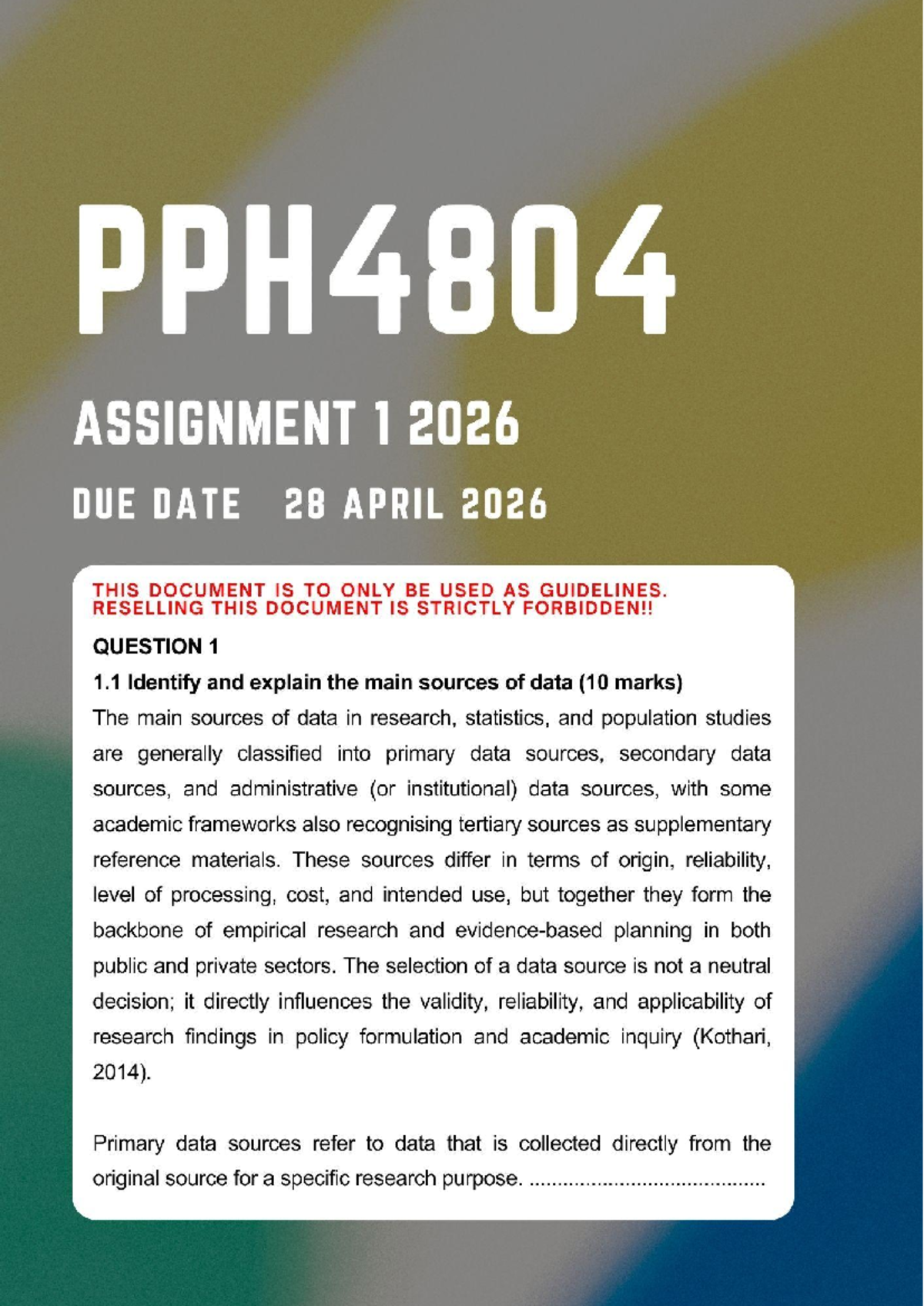 PPH4804 Assignment 1: Main Sources of Data Explained - Studocu