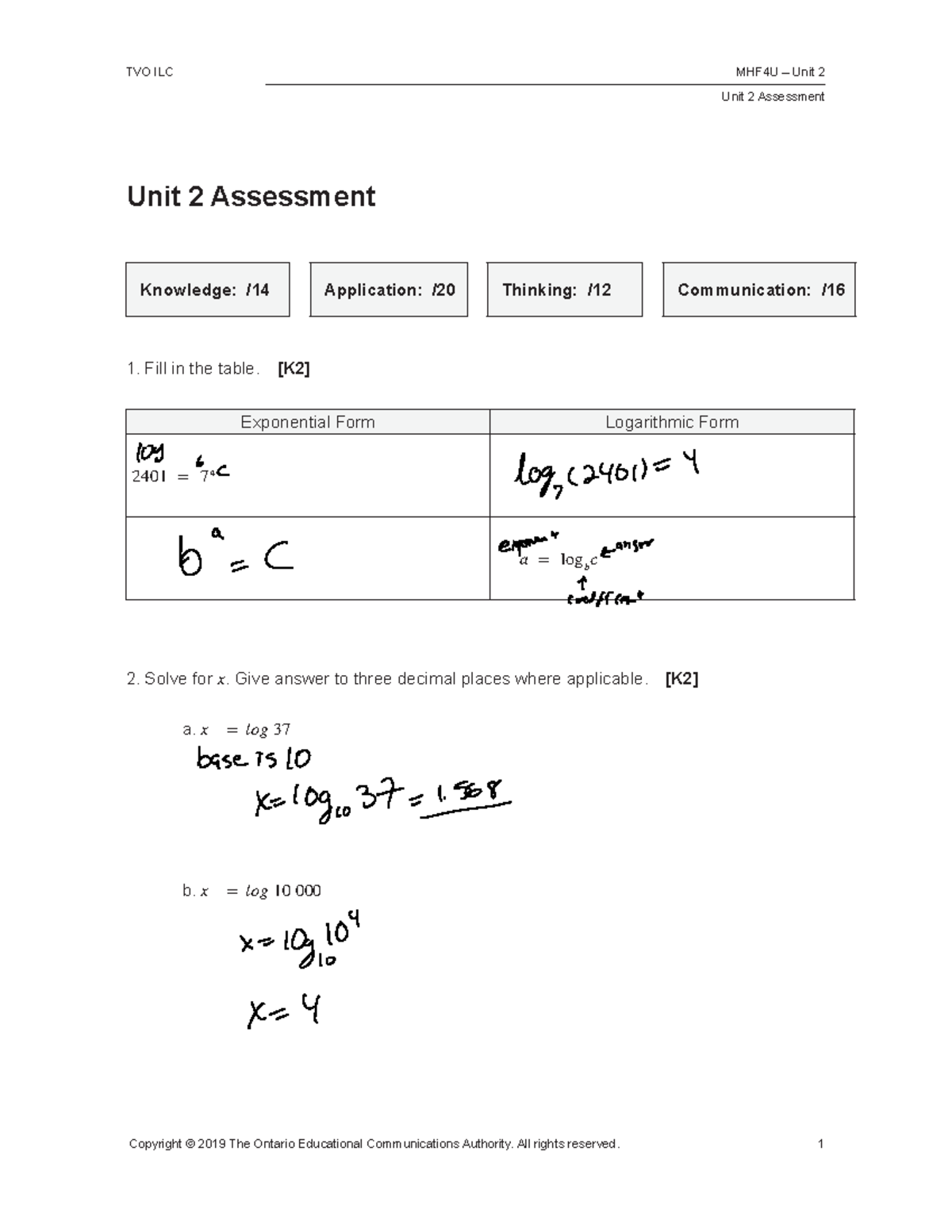 MHF4U Unit 2 Assessment: Logarithms & Exponential Functions - Document Preview