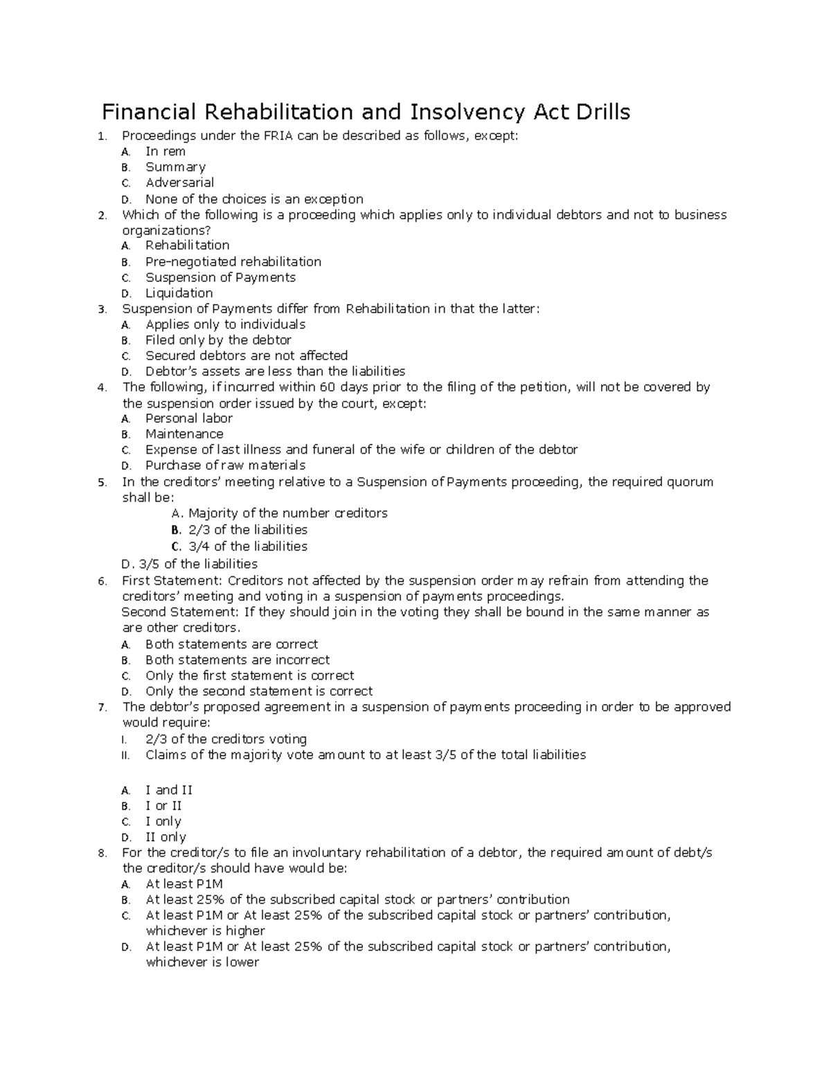 FRIA-Drills: Key Concepts & Practice Questions for Review - Studocu