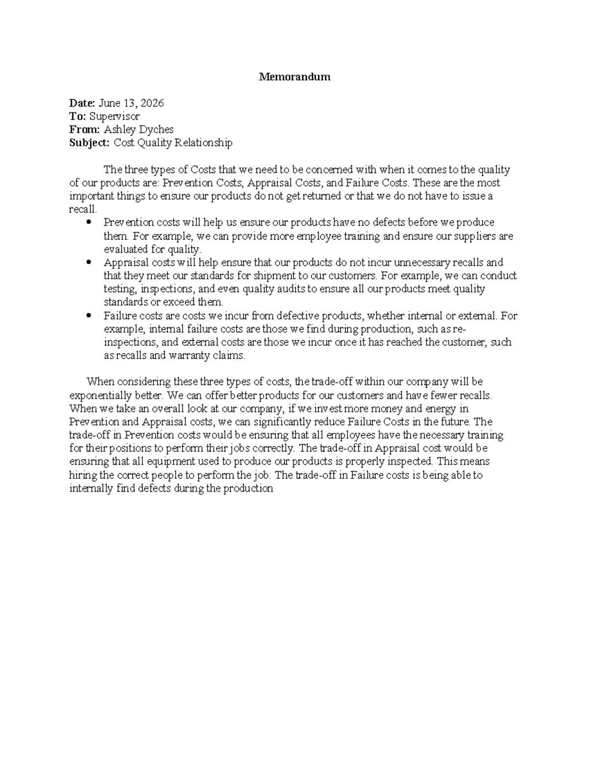 Memorandum - Task 1: Understanding Cost-Quality Relationship - Studocu