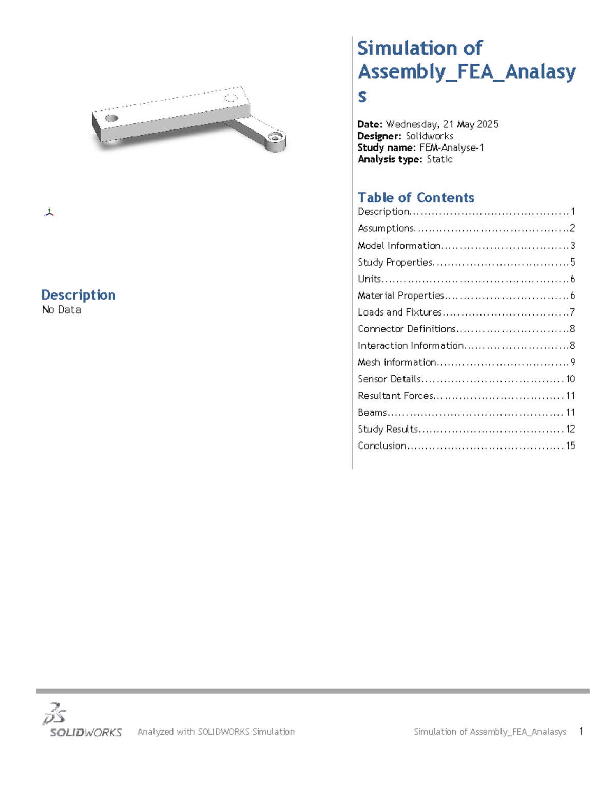Assembly FEA Analysis - SOLIDWORKS Simulation Study - Studeersnel