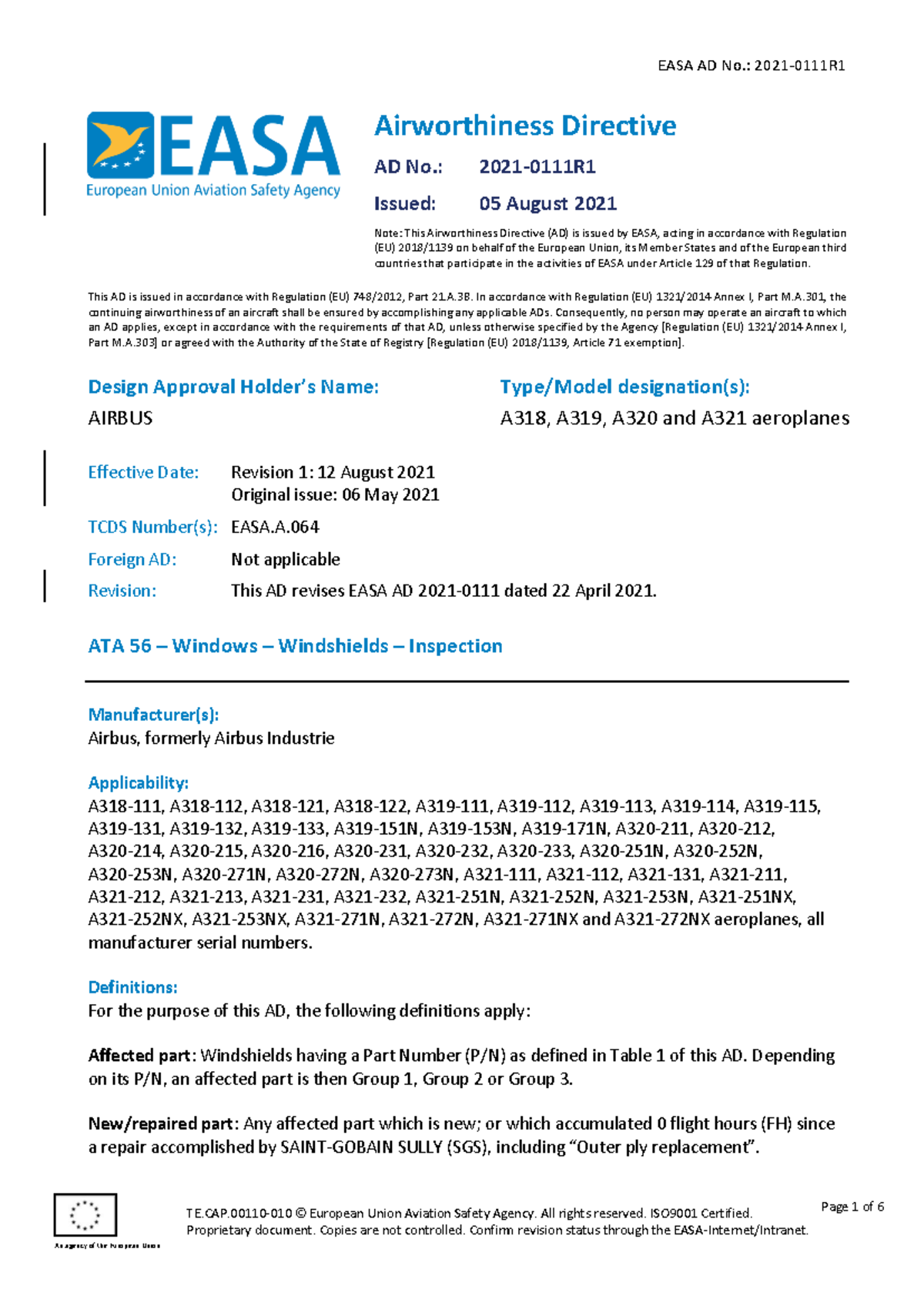 EASA AD 2021-0111R1: Windshield Inspection Notes for Airbus A318/A319 ...