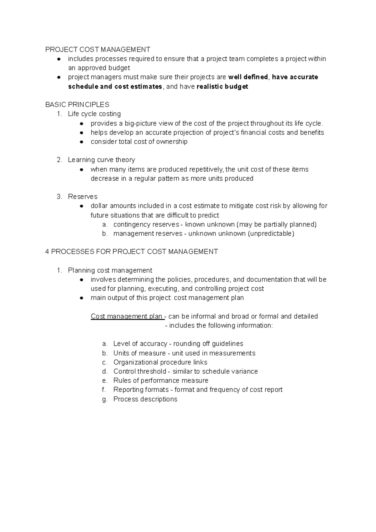 Projman Notes: Project Cost Management Principles & Techniques for LQ ...