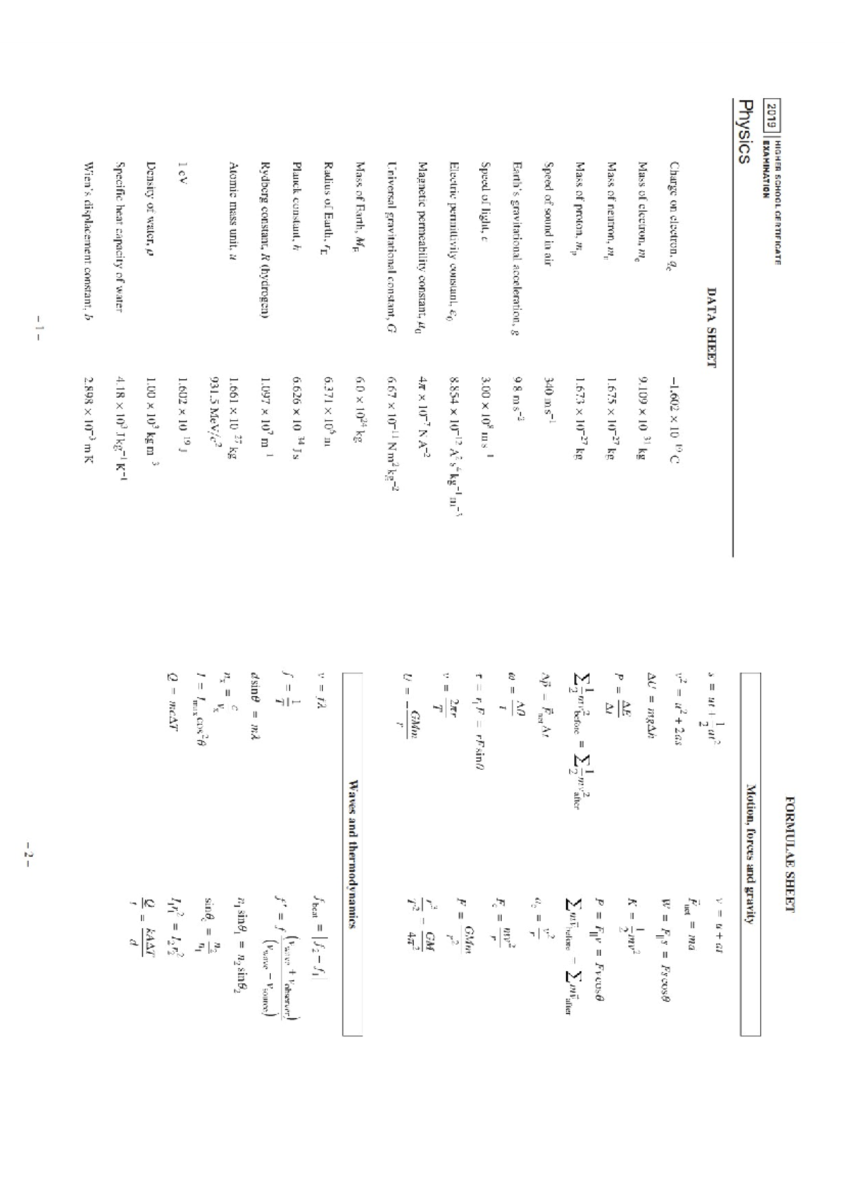 Physics HSC 2019 Exam: Formula Sheet for Motion & Thermodynamics - Studocu