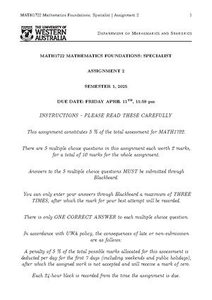 MATH1722 Mathematics Foundations: Specialist I Test 2 Solutions - Studocu