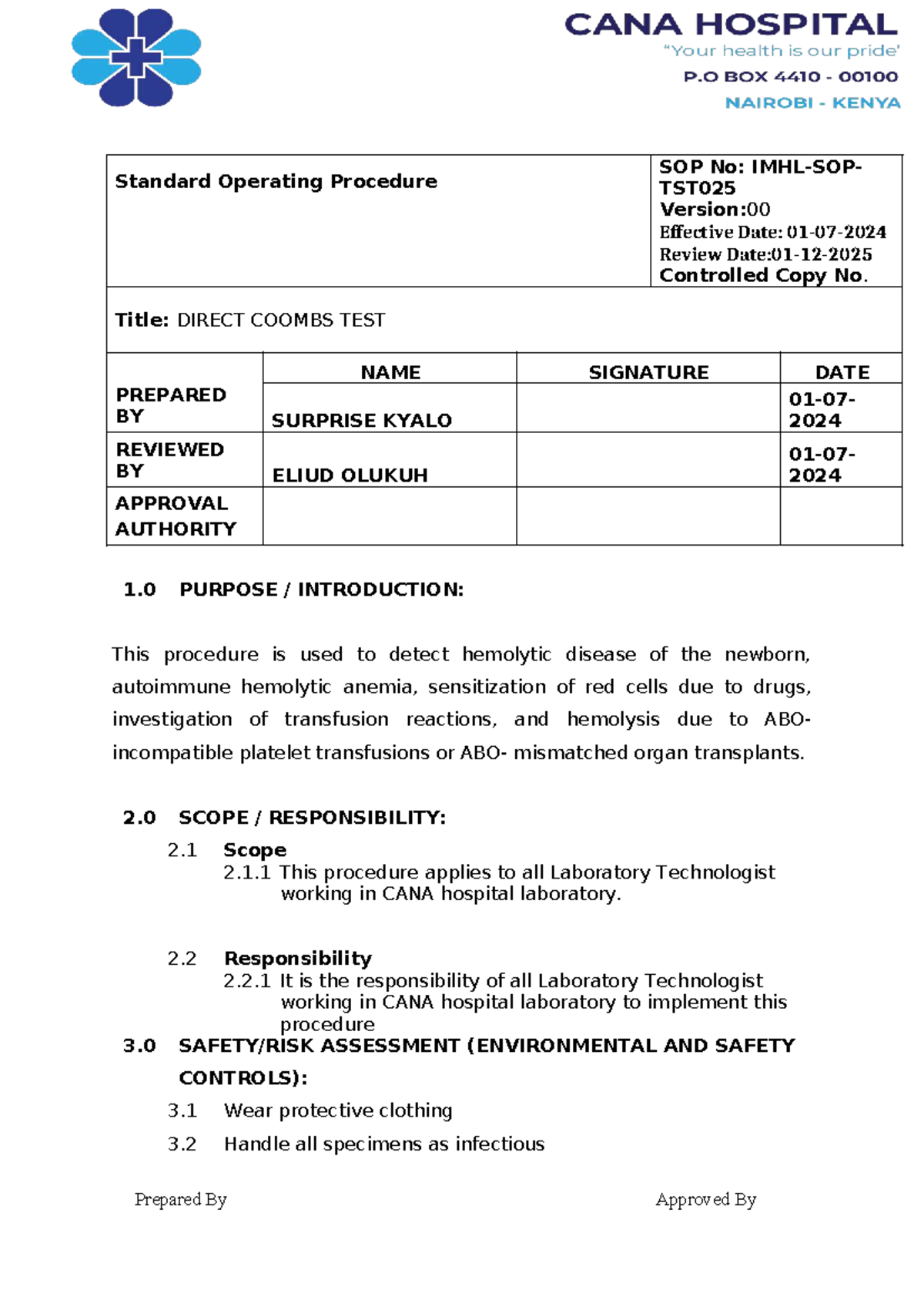 DCT SOP - Direct Coombs Test Procedure at CANA Hospital - Studocu