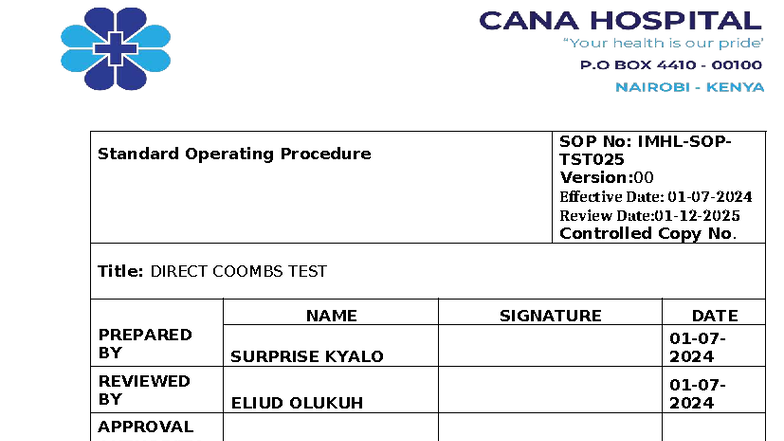 DCT SOP - Direct Coombs Test Procedure at CANA Hospital - Studocu