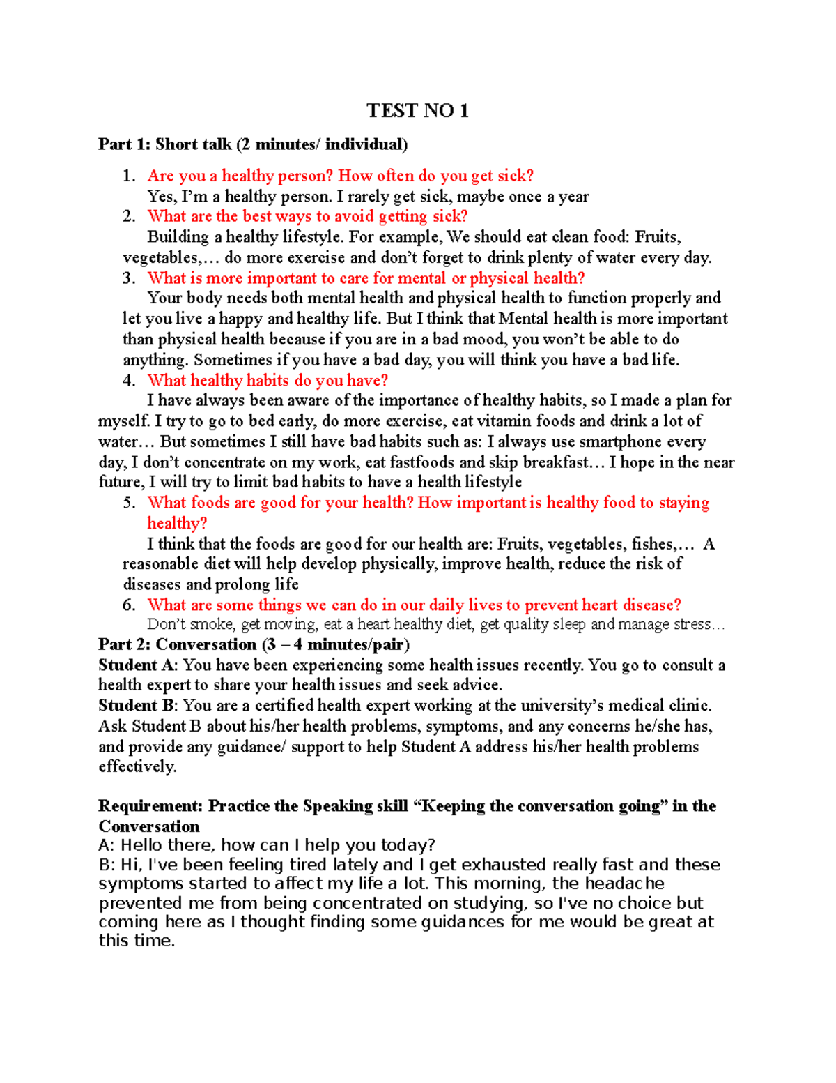 Healthy-LIFE - Health and Wellness Speaking Test No 1 Notes - Studocu