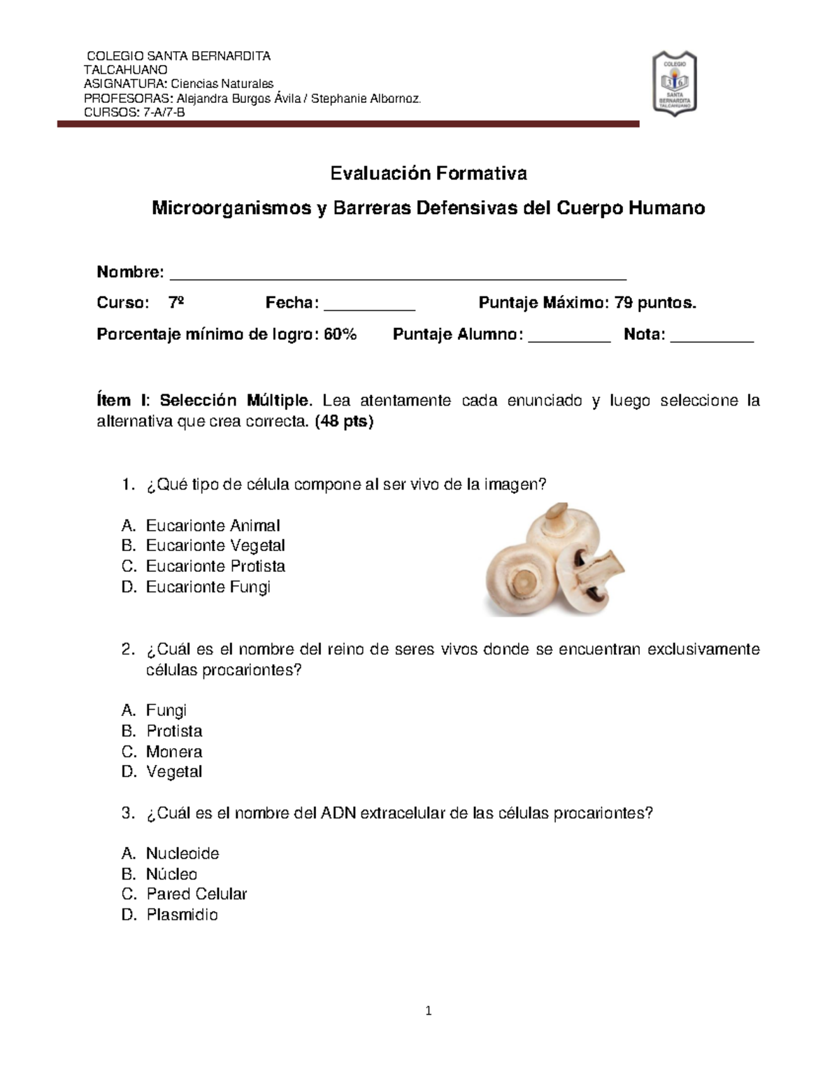 Evaluación Formativa 7º A/B: Microorganismos y Barreras Defensivas - Studocu