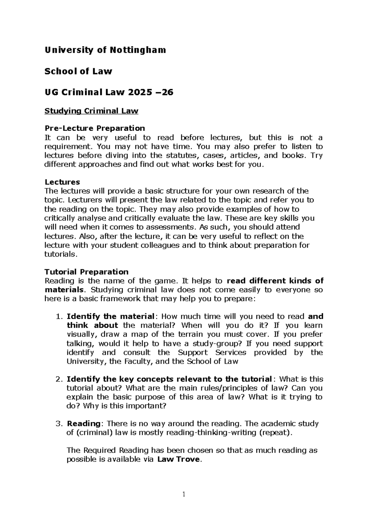 UG Criminal Law 2025: Tutorial 1 Preparation and Key Concepts - Studocu