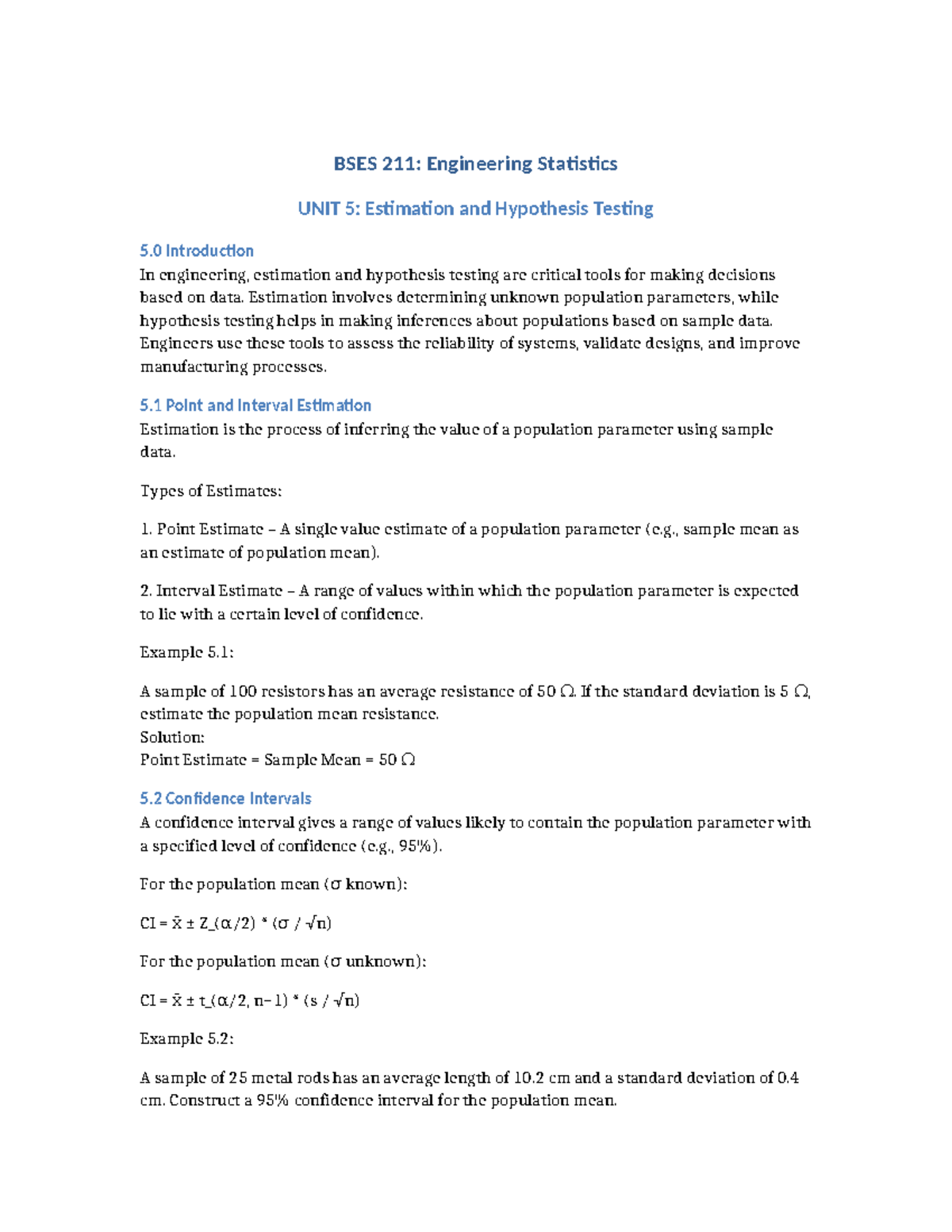 BSES 211: Engineering Statistics Unit 5 - Estimation & Hypothesis ...