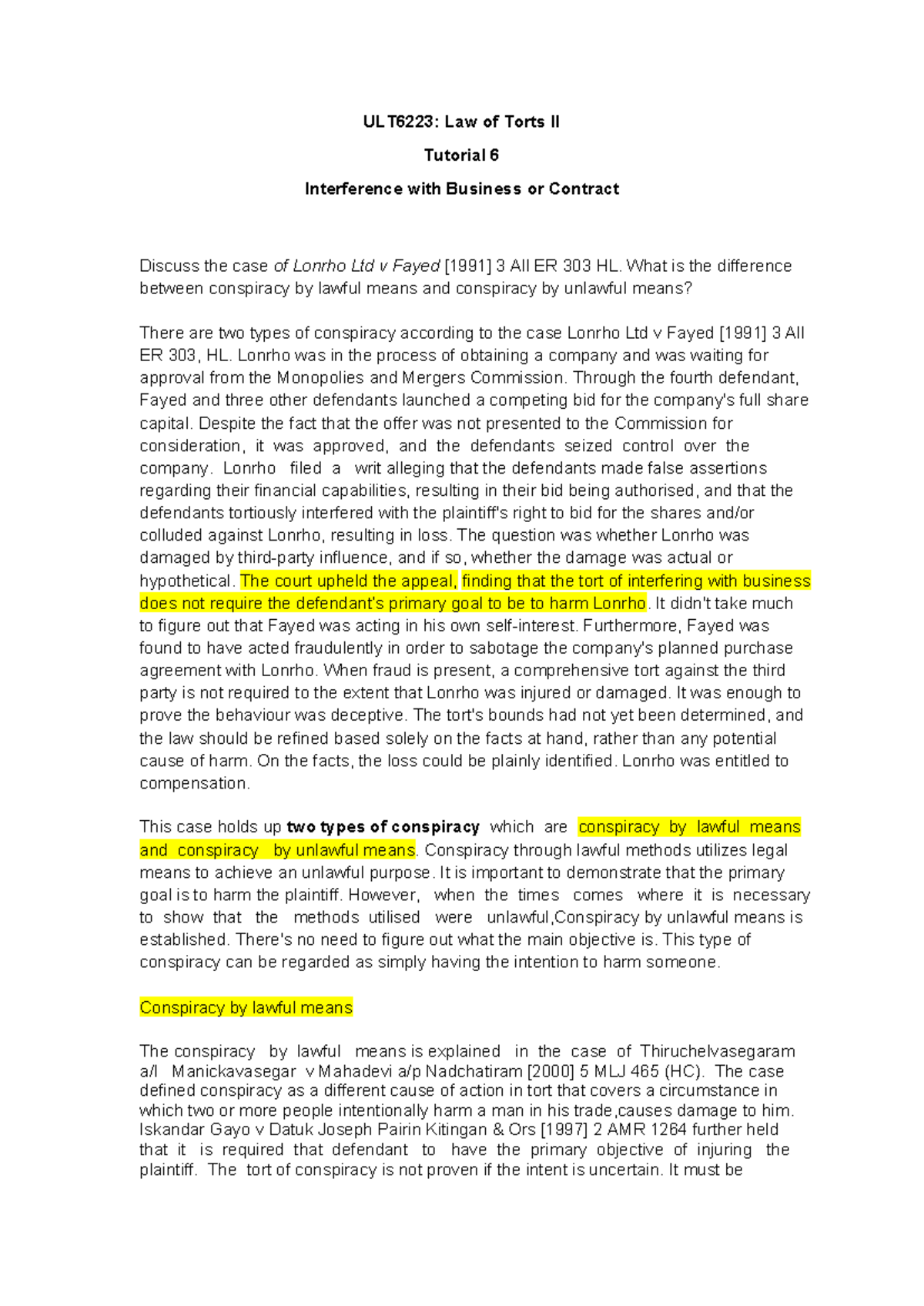 ULT6223: Law of Torts II Tutorial 6 - Interference & Conspiracy ...