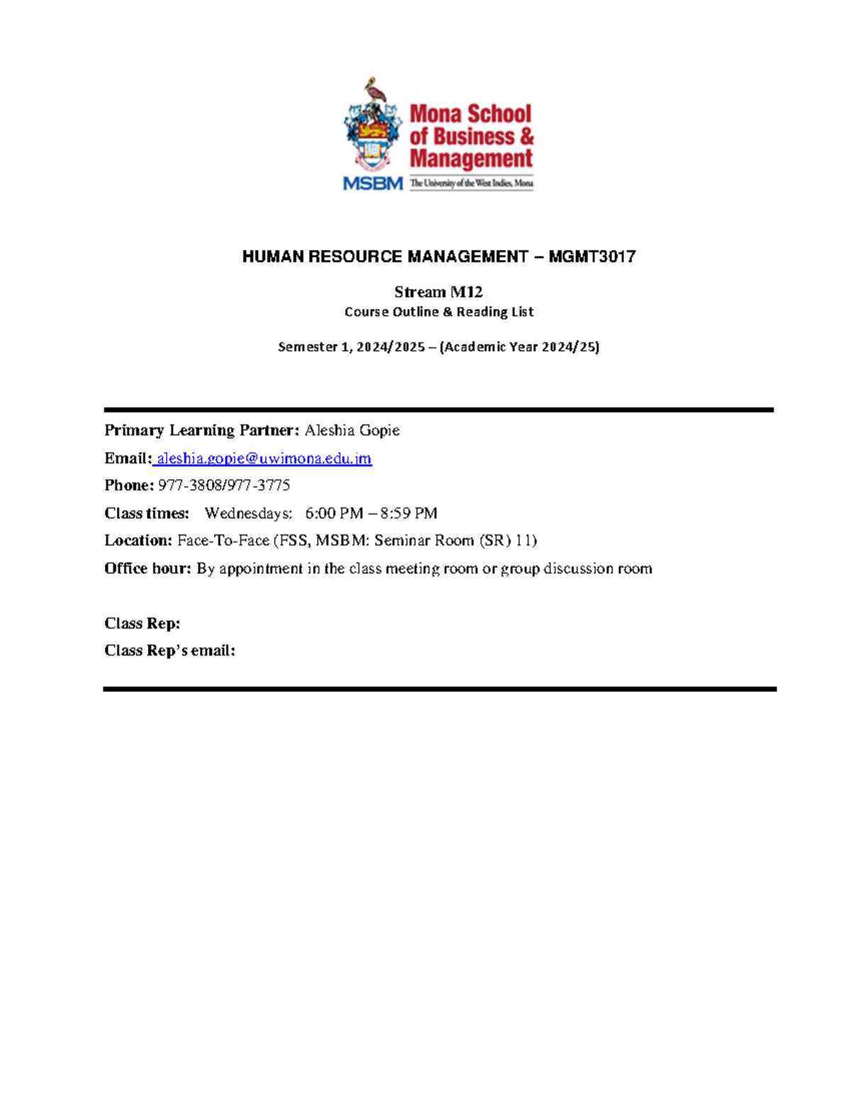 HUMAN RESOURCE MANAGEMENT MGMT3017 Course Outline & Reading List ...