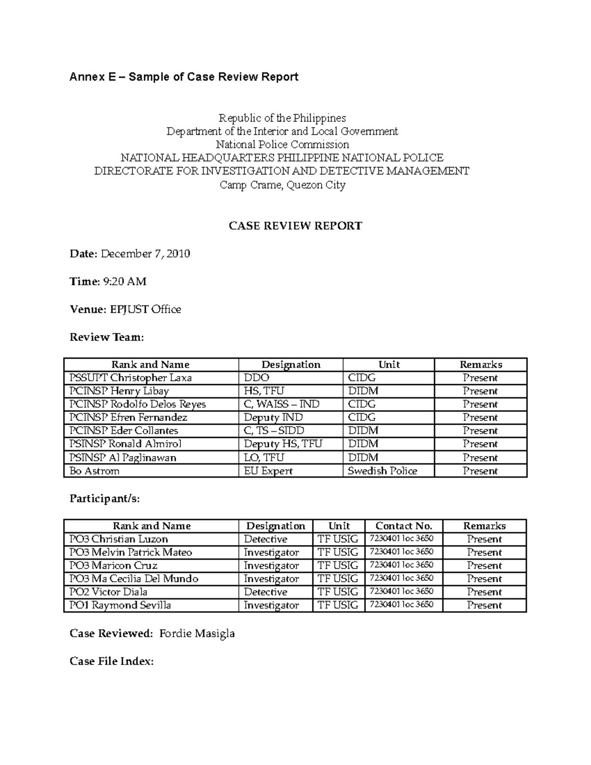Annex E - Case Review Report on Murder Incident (July 5, 2010) - Studocu