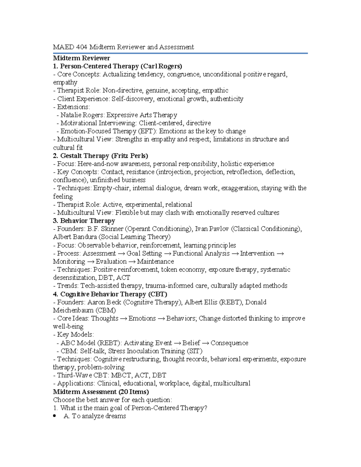 MAED 404 Midterm Review: Key Concepts in Therapy Approaches - Studocu