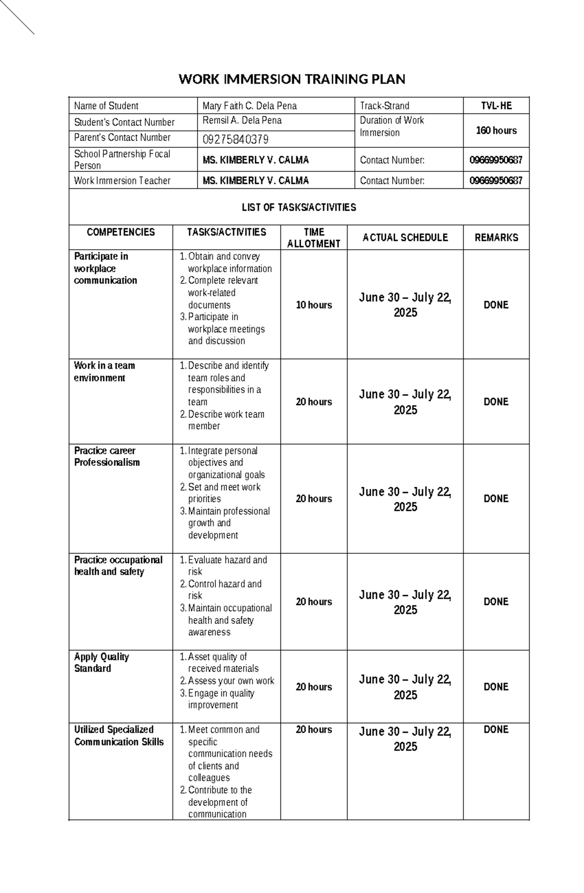 7-WORK Immersion Training Plan for Mary Faith C. Dela Pena - Studocu