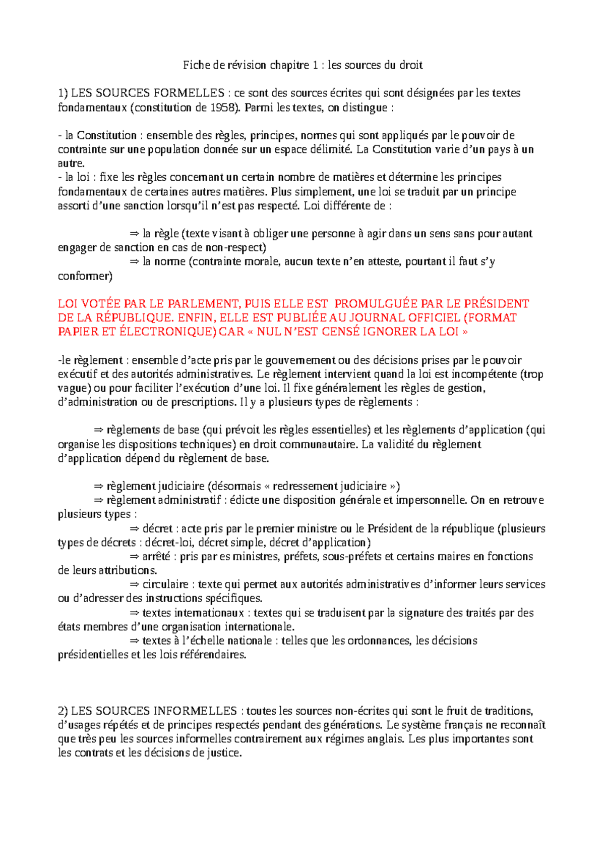 Chapitre 1 les sources du droit - Fiche de révision chapitre 1 : les ...