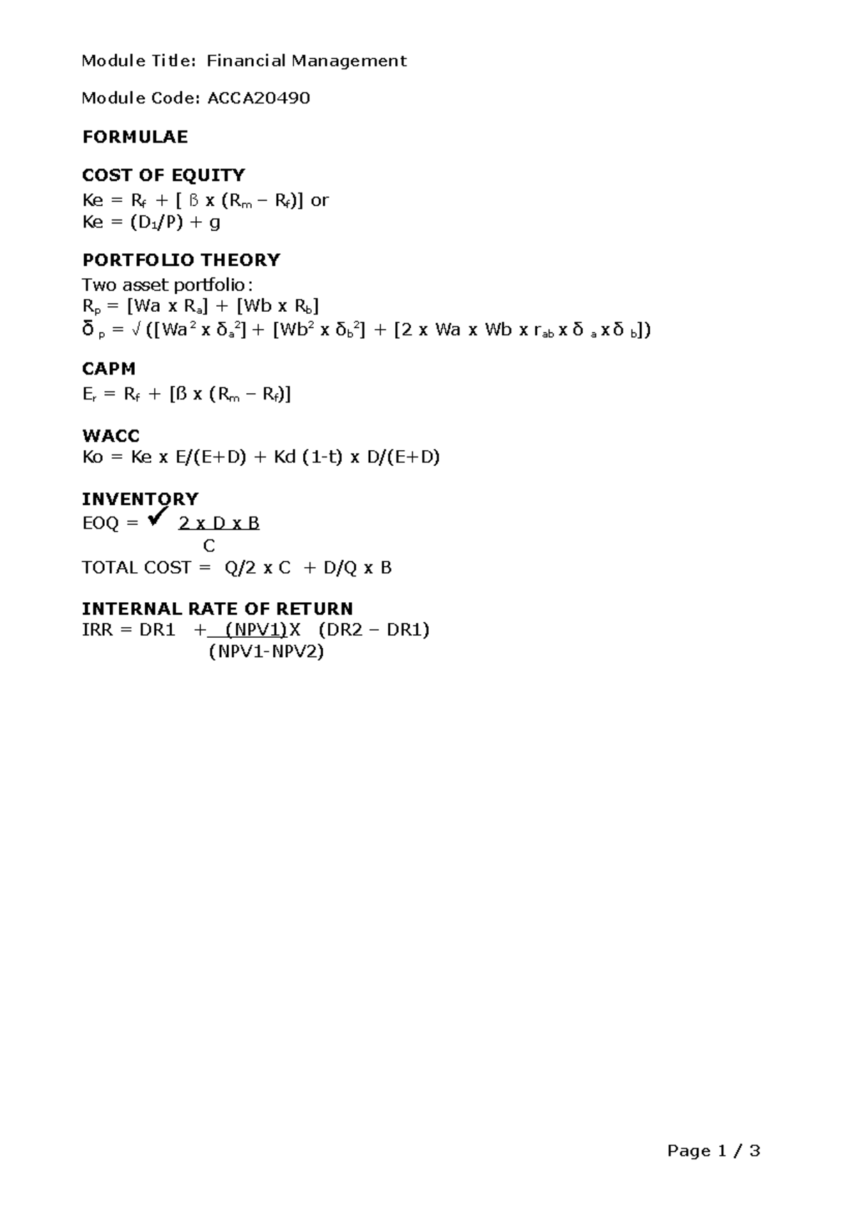 ACCA20490 Financial Management Formula Sheet and Annuity Table - Studocu