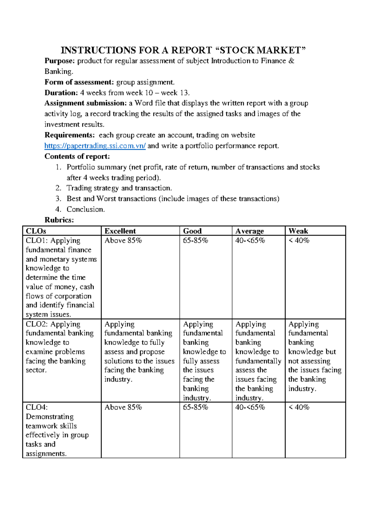 Instructions for Report: Stock Market Group Assignment (FIN 101) - Studocu