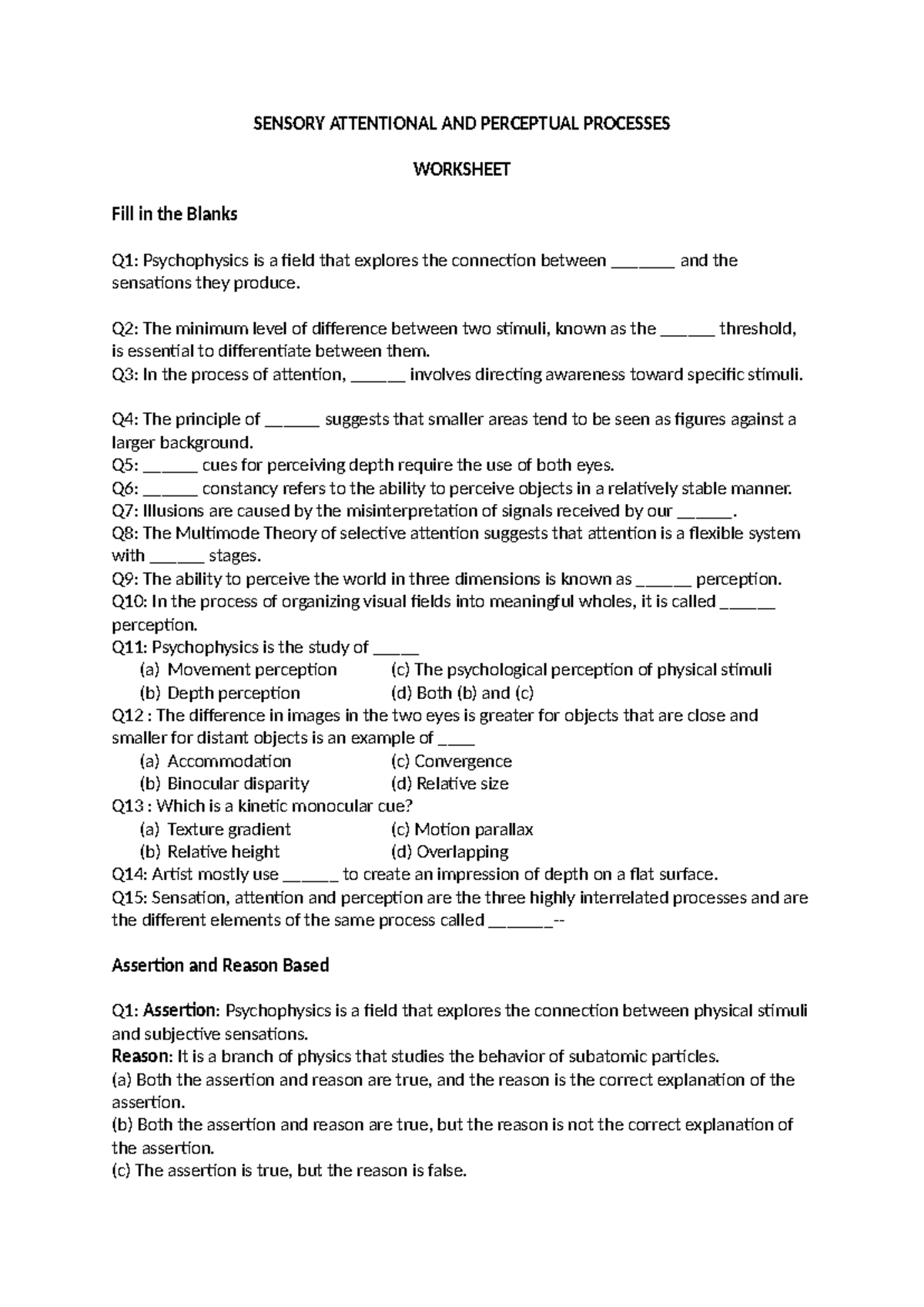 Sensation and Perception Processes - Worksheet for PSY 101 - Studocu
