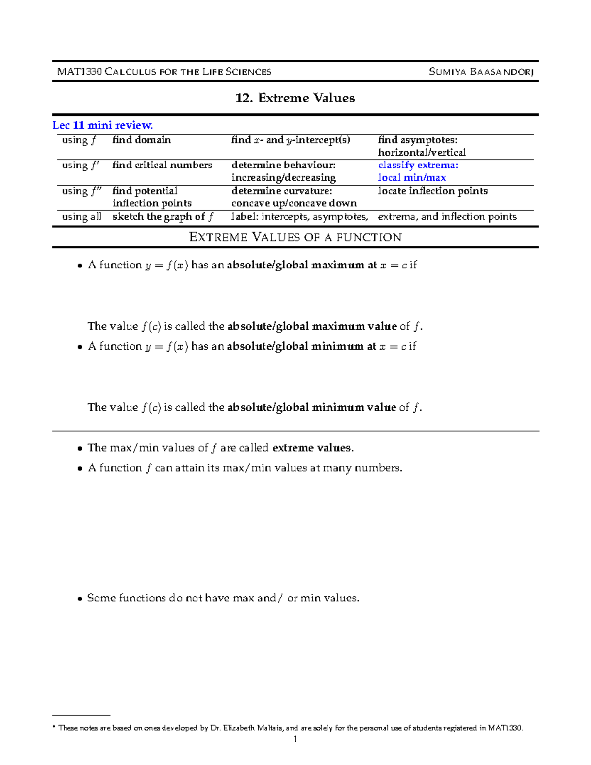 MAT1330 C Extreme Values & Optimization Study Guide LEC 12-13 - Studocu