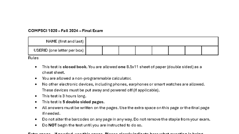 COMPSCI 1020 Fall 2024 Final Exam Guidelines and Questions - Studocu