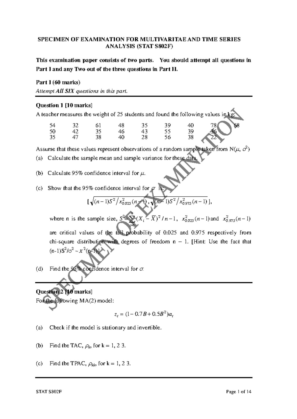 Exam 2016, questions - SPECIMEN OF EXAMINATION FOR MULTIVARITAE AND ...