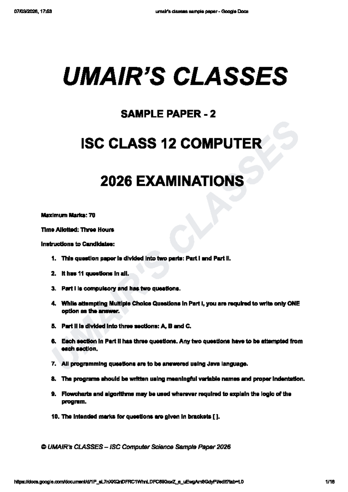ISC Class 12 Computer Science Sample Paper 2026 - Final Exam - Studocu
