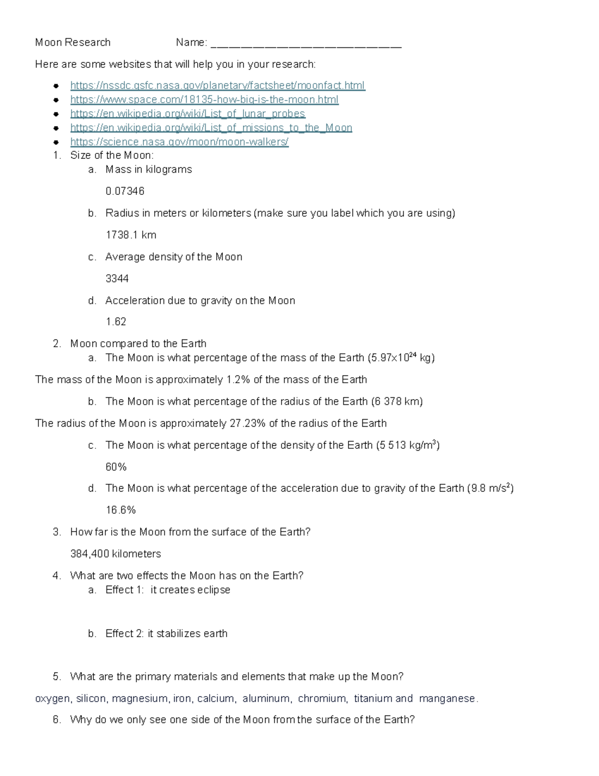 Moon Research Study Guide: Key Facts and Comparative Analysis - Studocu