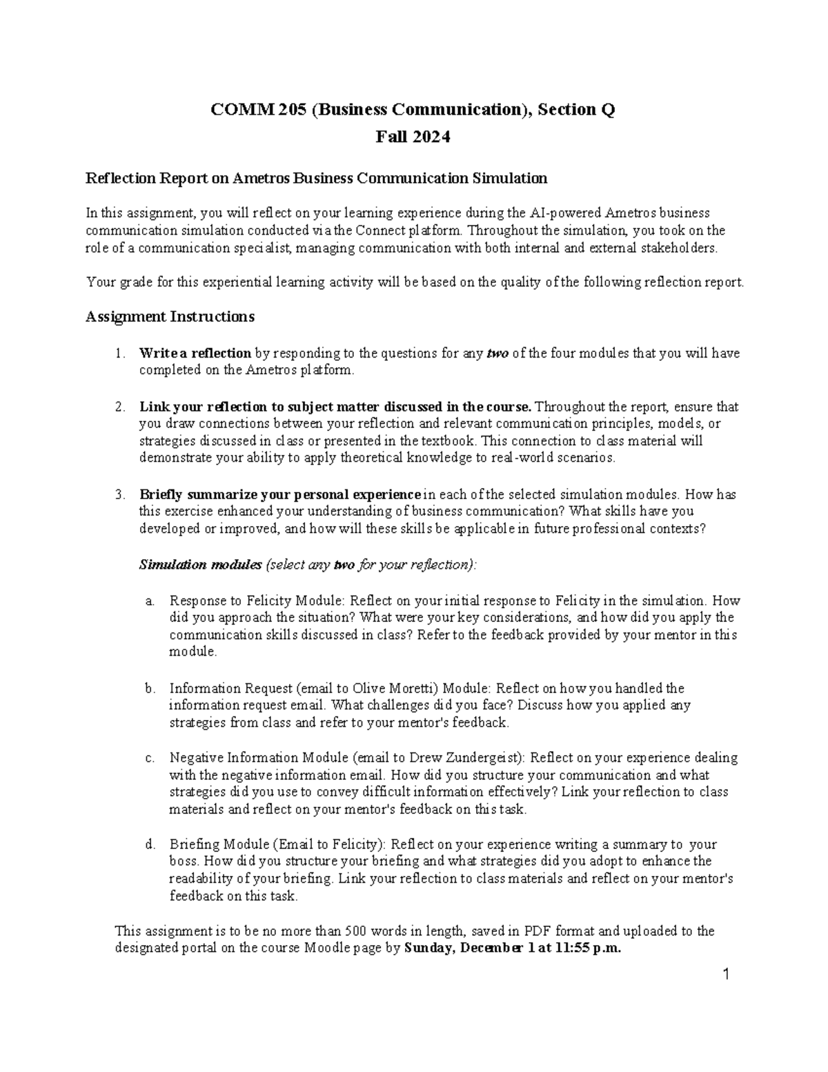 COMM 205-Q-Fall 2024-Simulation Reflection Report Guidelines - Studocu