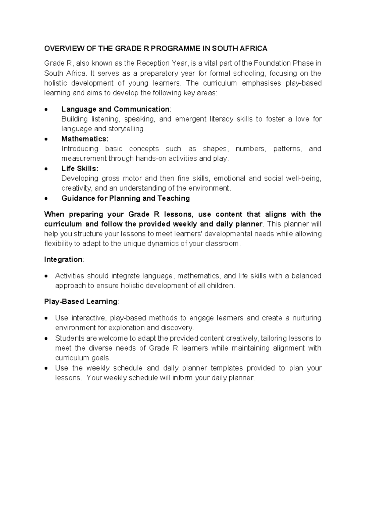 Grade R Programme Overview: Holistic Development in South Africa - Studocu