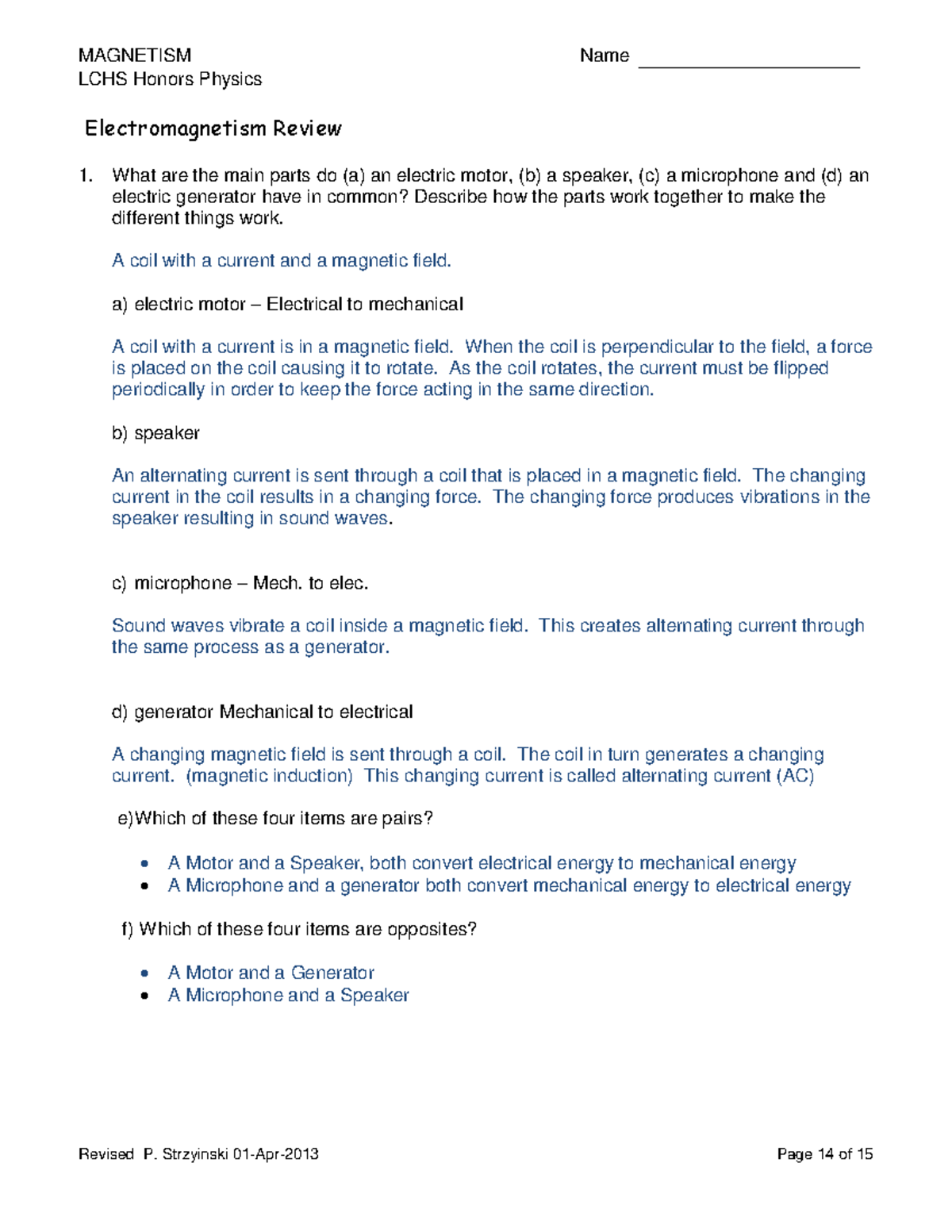 MAGNETISM LCHS Honors Physics Electromagnetism Review Notes - Studocu