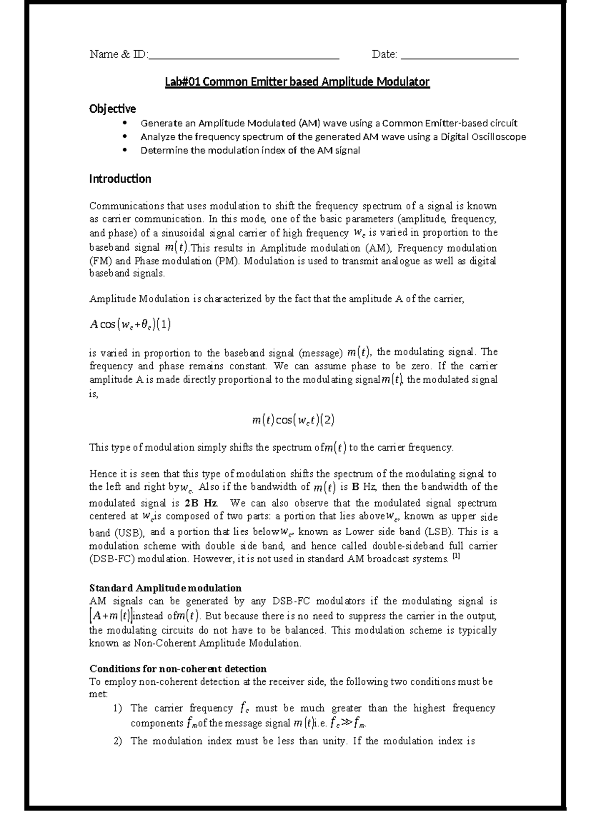 Lab 1 - Common Emitter Amplitude Modulator Evaluation (EE-322L) - Studocu