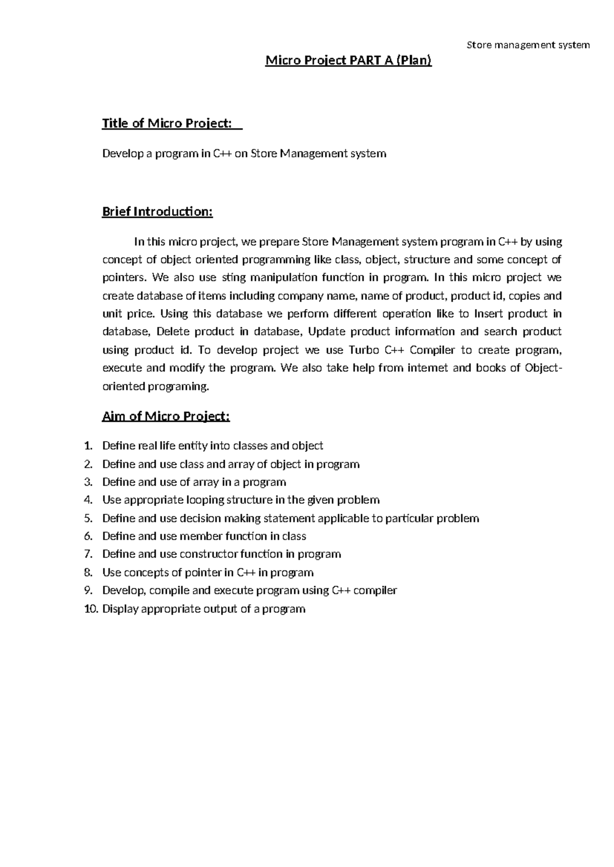 Micro Project Report: C++ Store Management System (CS101) - Studocu