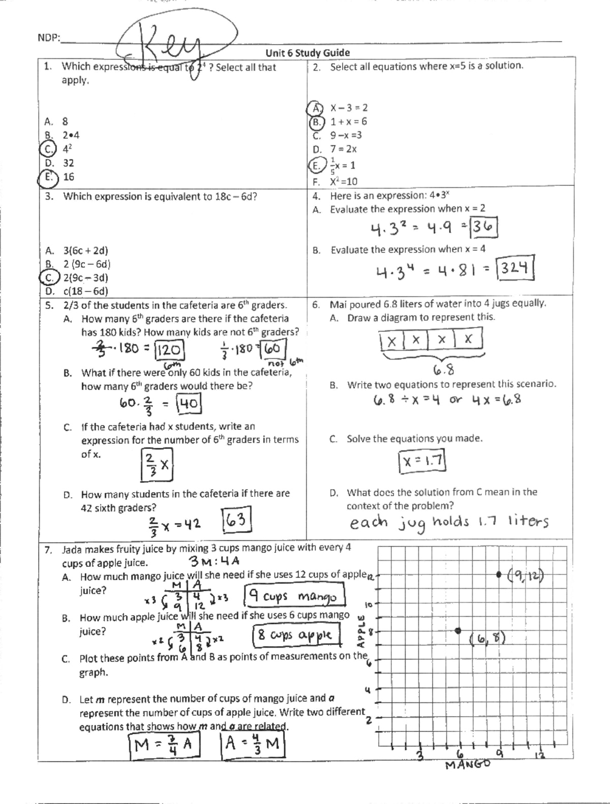 Unit 6 Study Guide #2 - KEY-4 - NDP: 1. Which expressions is equal to ...