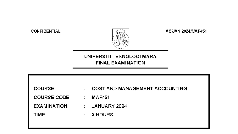 Q MAF451 - Final Exam January 2024 - Cost & Management Accounting - Studocu