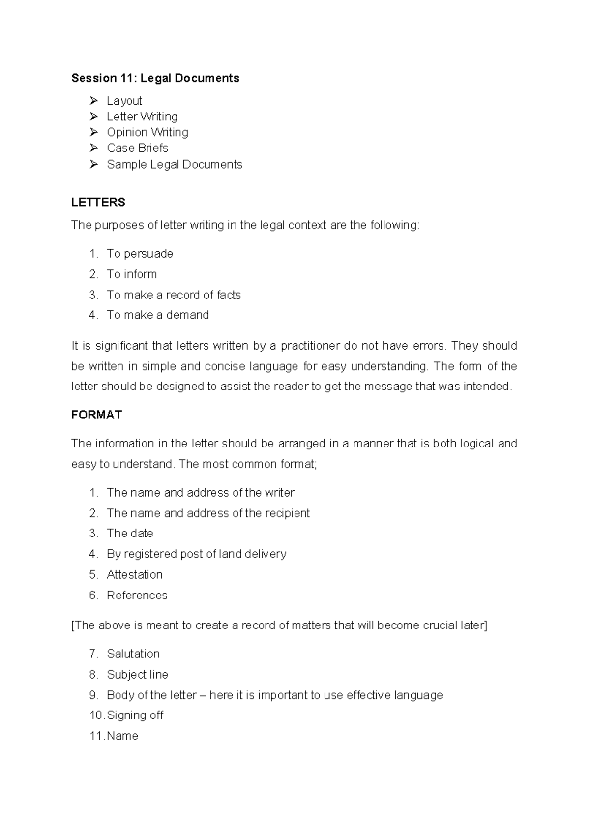 Session 11: Legal Documents & Letter Writing Techniques in Law - Studocu