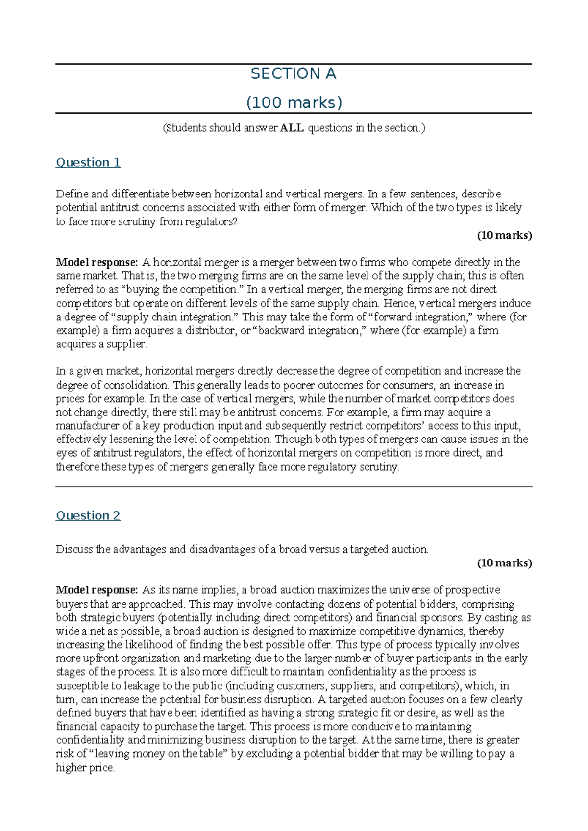 Mock Exam Solutions for M&A (FIN 301) - Key Concepts & Analysis - Studocu