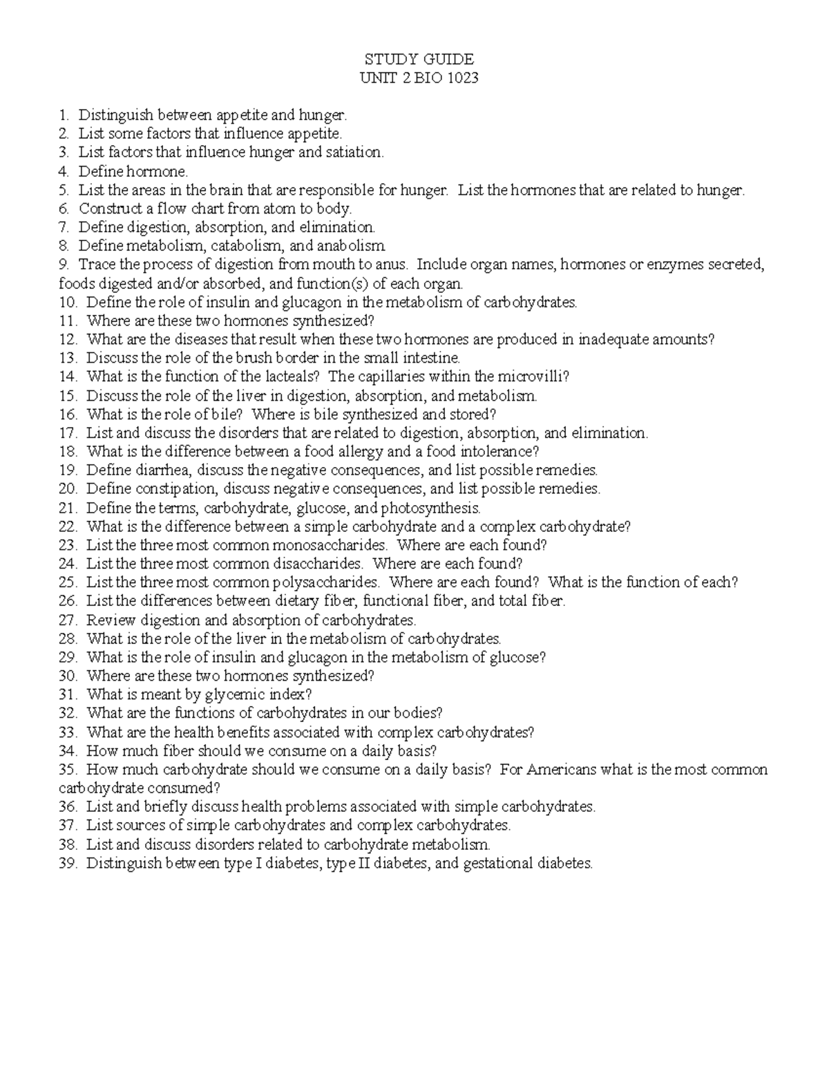 Digestion Study Guide: Key Concepts for BIO 1023 Unit 2 - Studocu