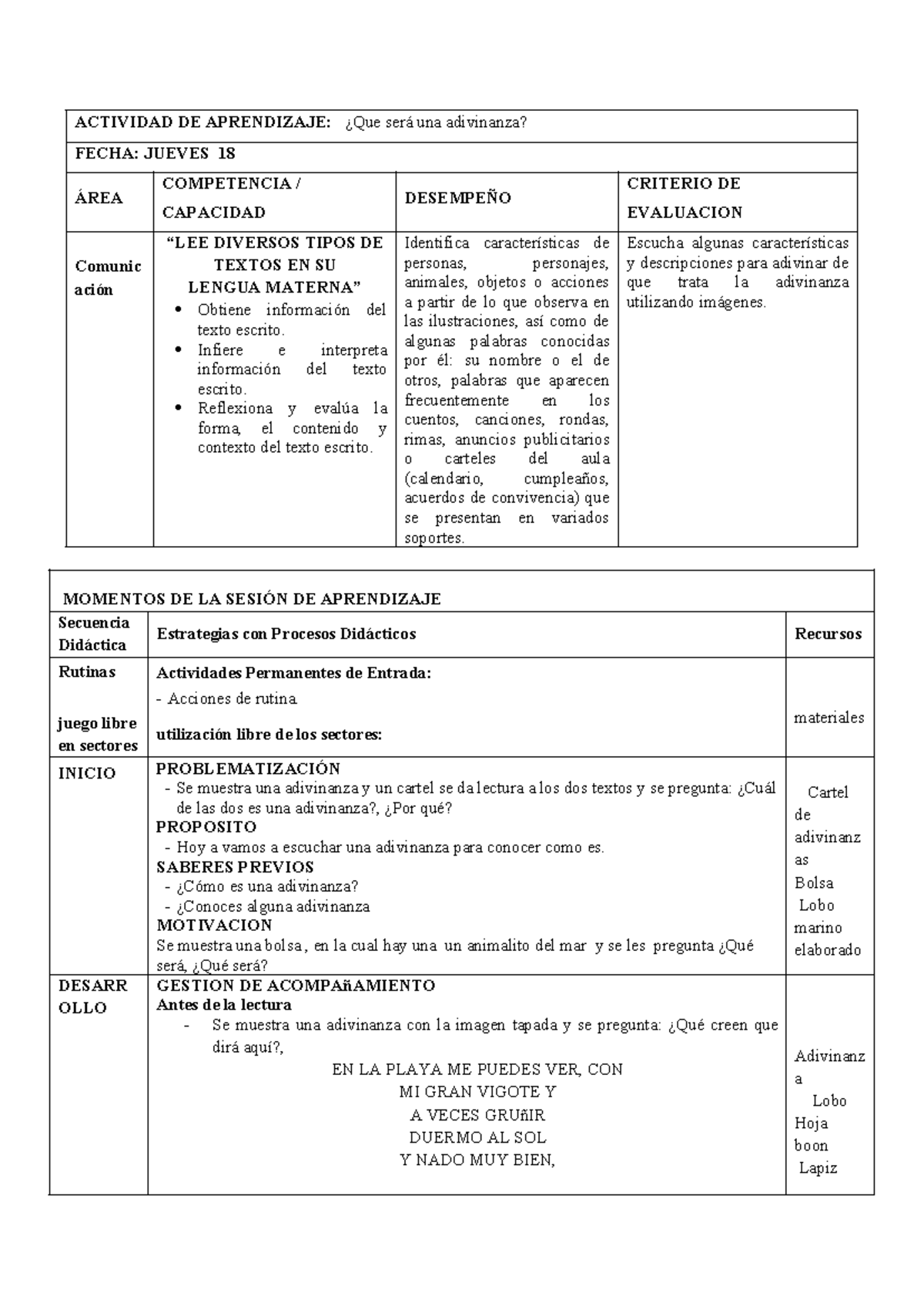 Actividad de Aprendizaje: Adivinanzas en Comunicación - Jueves 18 - Studocu