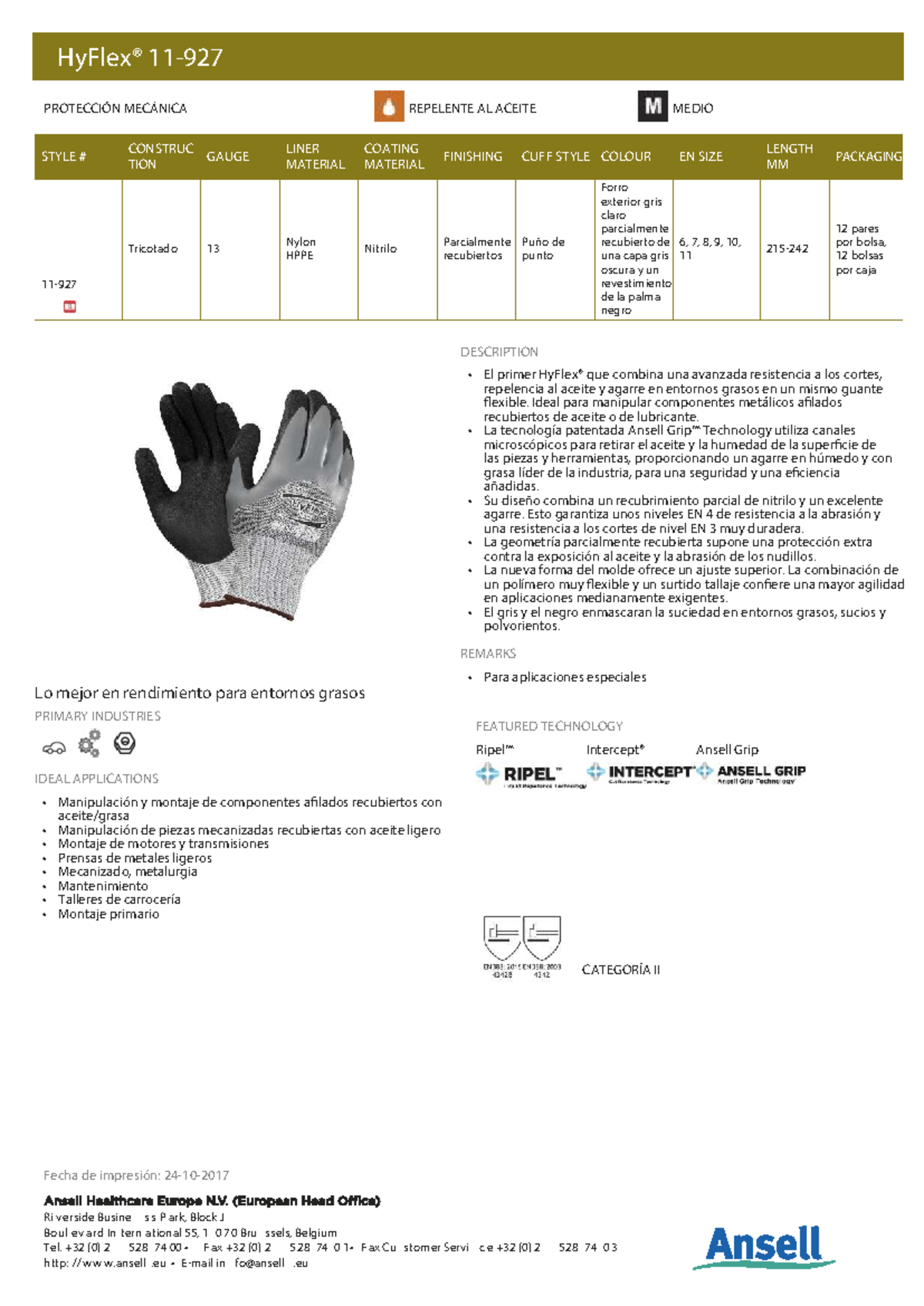 Ansell HyFlex 11-541 Guanti da Lavoro Resistenti al Taglio in Kevlar, Guanto Meccanico, Presa Migliorata e Comfort Technology, Grigio, Taglia XS (12 Paia