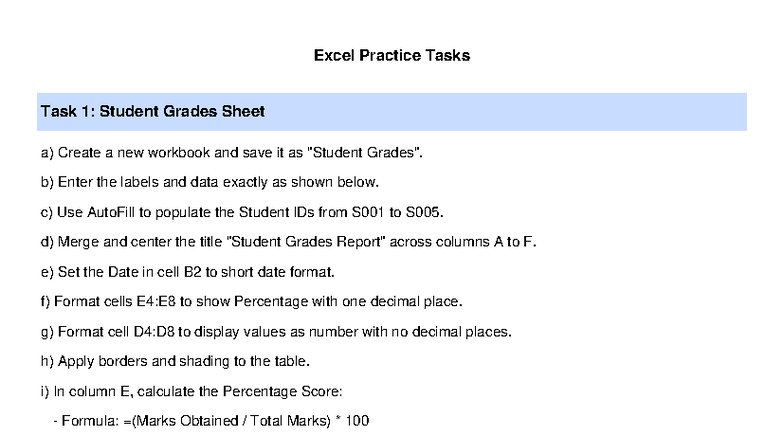 Excel Practice Tasks: Student Grades Sheet Instructions - Studocu