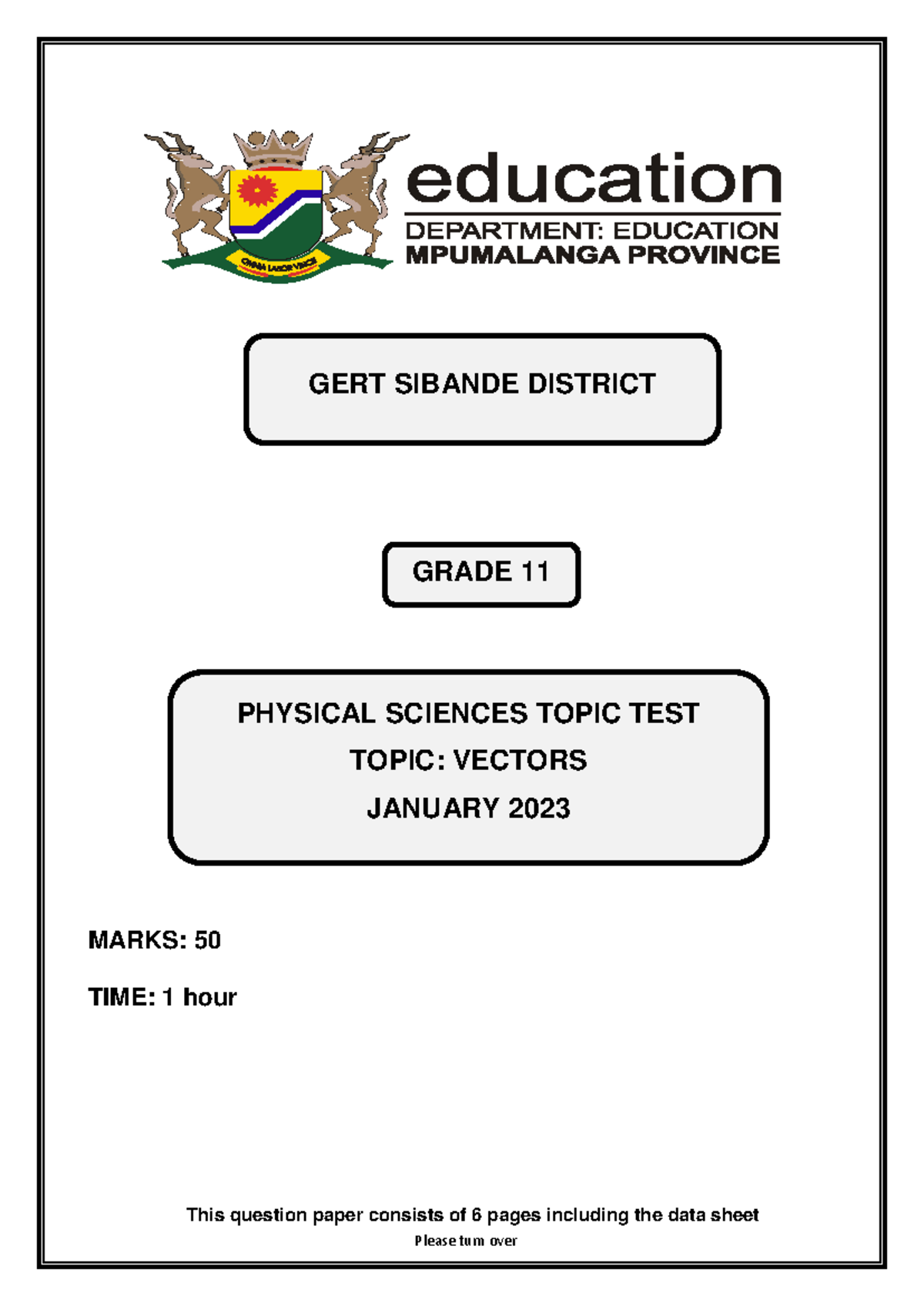 Grade 11 Physical Sciences Topic Test: Vectors January 2023 - Studocu