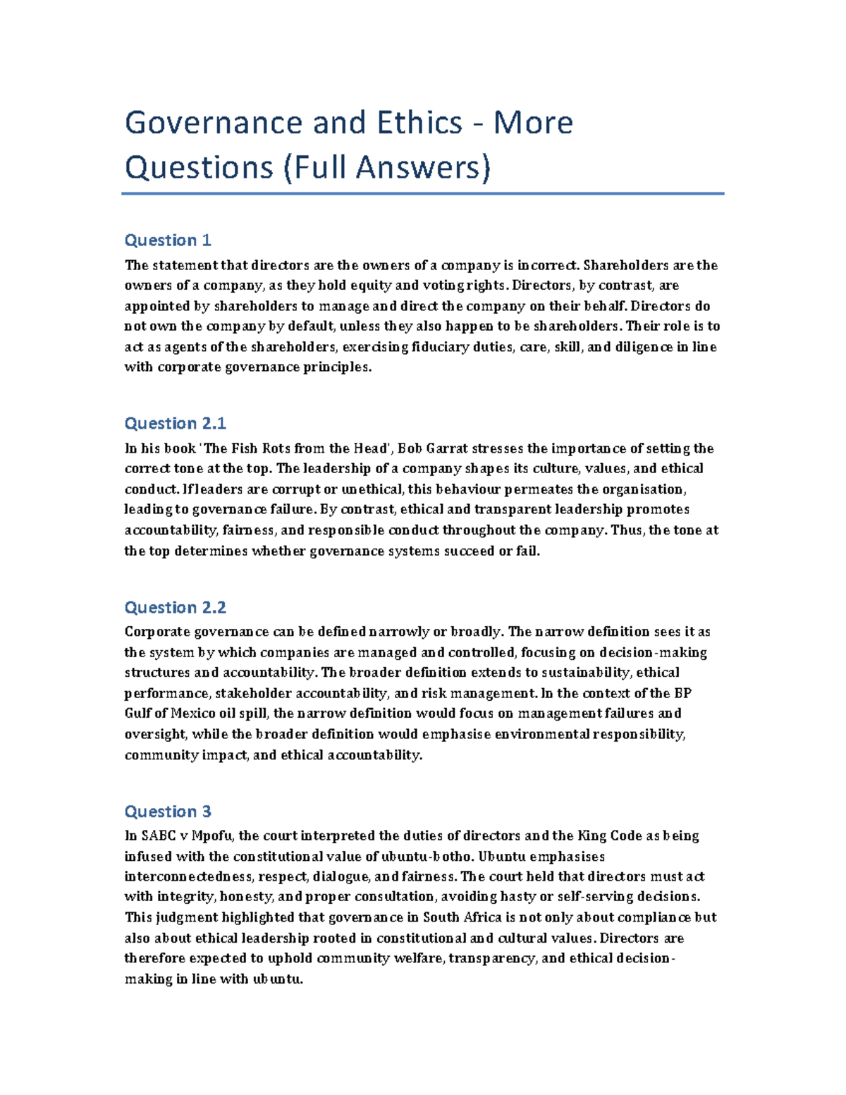 Governance and Ethics: Key Questions & Answers (Full) - Studocu